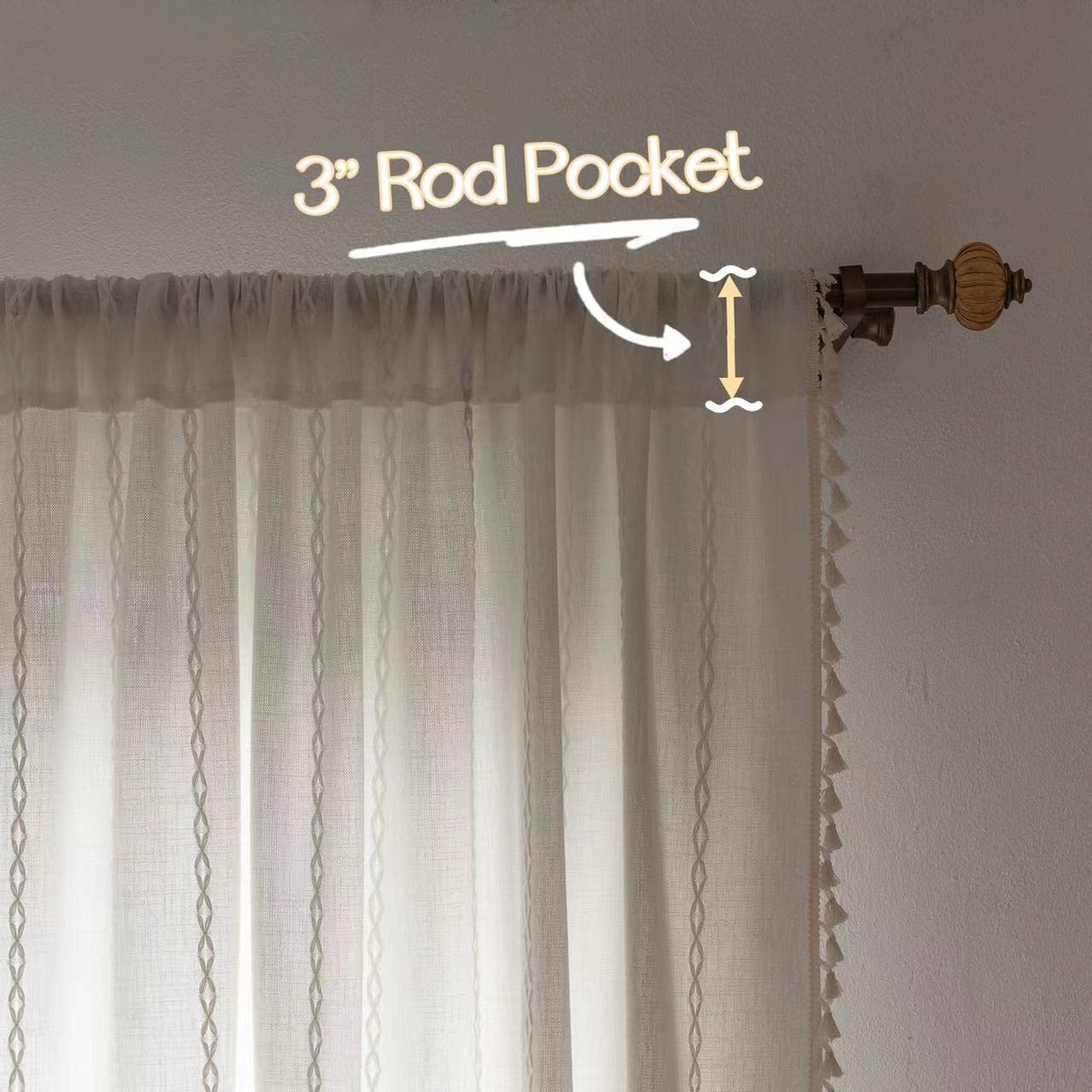 Boho Semi Blackout Window Curtains Set of 2 Panels - 63/84/96 Inch Length, Farmhouse Style with Tassels & Striped Embroidery, Rustic Cotton Linen Blend for Living Room & Bedroom | Perfect for Sun Protection, Privacy & Bohemian Home Decor