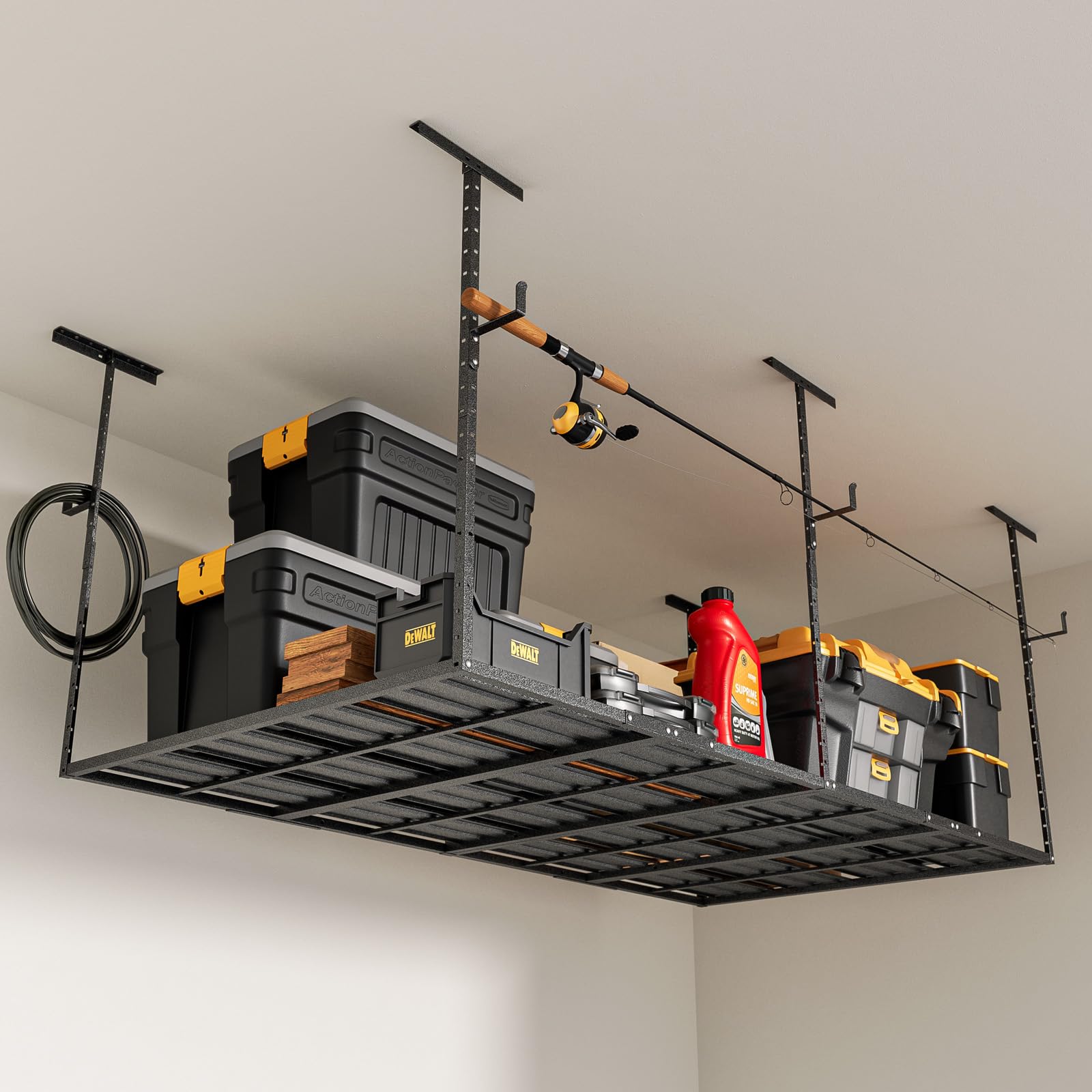Heavy-Duty 4x8 Overhead Garage Storage Rack - 800lbs Capacity, Adjustable Height with 4 Hooks - Perfect for Organizing Tools, Sports Equipment & Seasonal Items in Your Garage