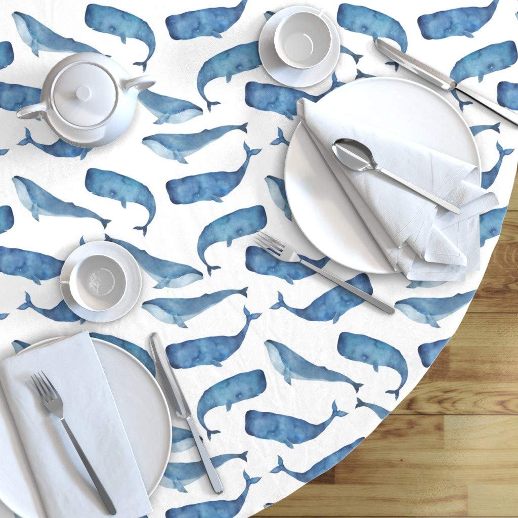 Custom Blue Whales White Watercolor Ocean Nautical Sea Life Cotton Sateen Tablecloth - 70 Inch Round Dining Table Cover for Nursery, Beach Party & Coastal Home Decor