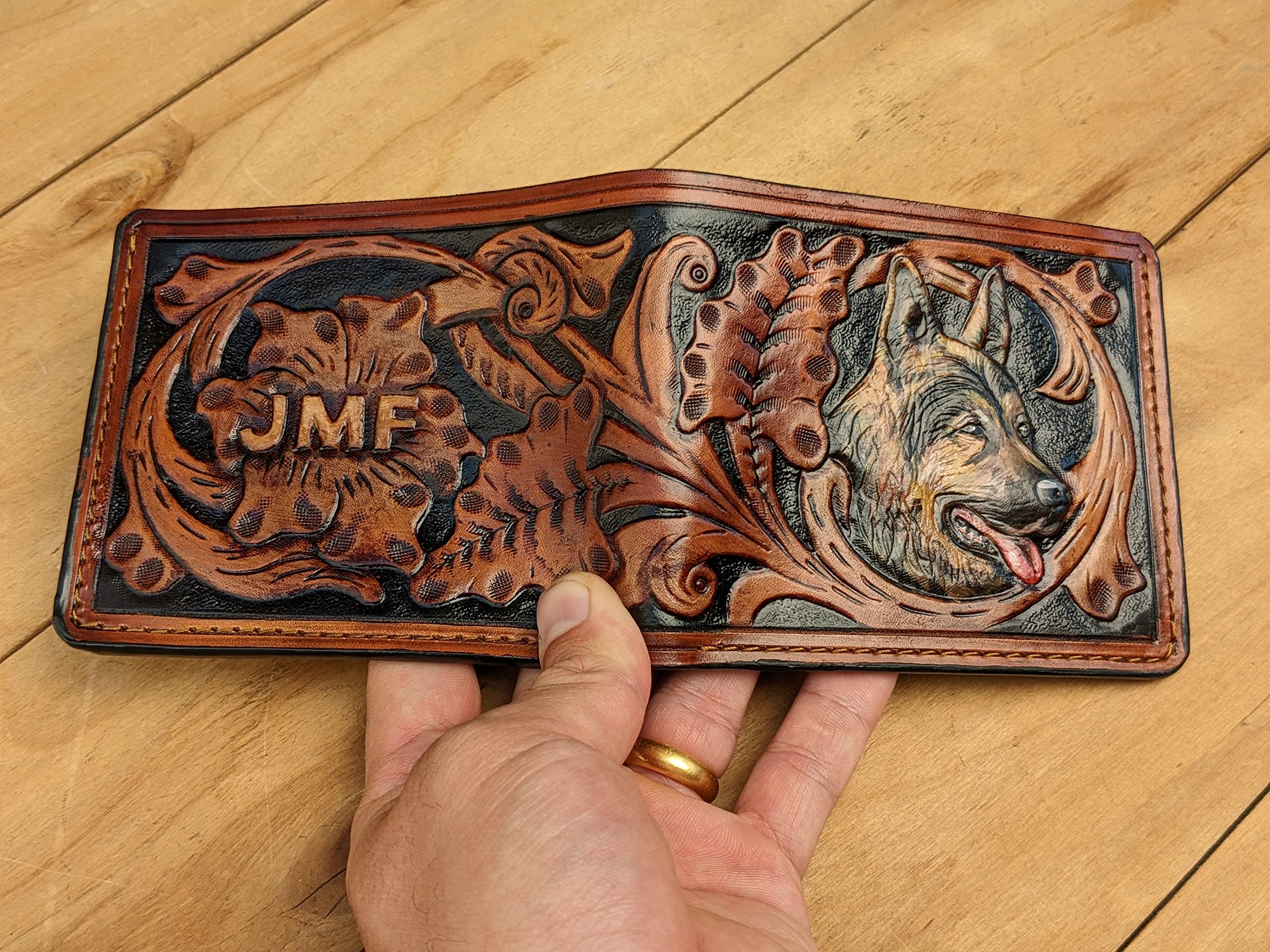 Handmade 3D Genuine Leather Bifold Wallet for Men - German Shepherd Dog Puppy Flower Carved Design - Custom Personalized Tooled Airbrush Art Wallet - Perfect Gift for Dad, Husband & Dog Lovers