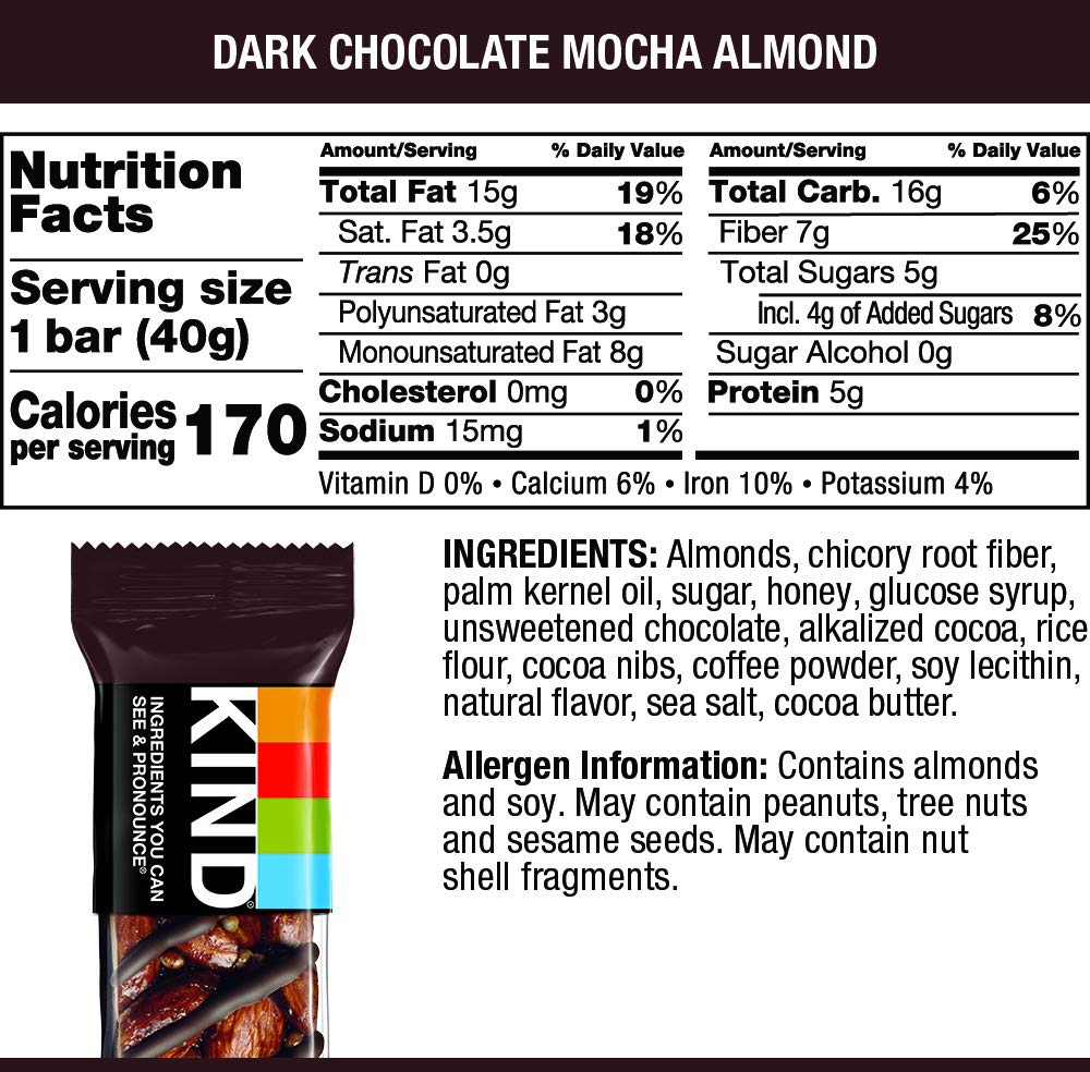 KIND Dark Chocolate Mocha Almond Bars - Gluten Free, Low Sugar Snacks - 1.4oz (4 Count, Pack of 12) - Healthy Protein Bars for Work, Hiking & On-the-Go Energy