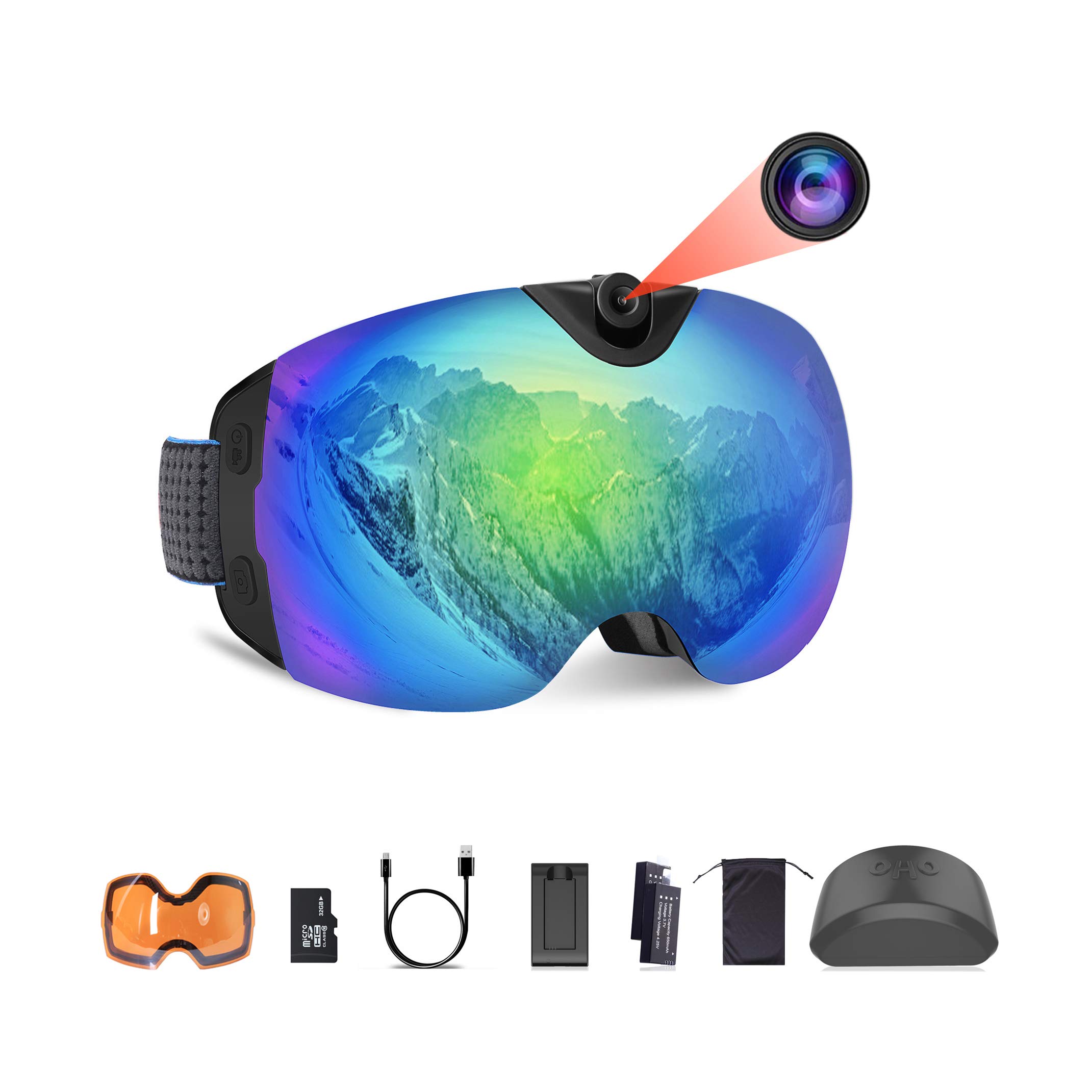OhO Camera Ski Goggles - 4K HD WiFi Snowboard Goggles with Adjustable Video Recording & Bonus Orange Lens - Perfect for Skiing, Snowboarding & Winter Sports Action Shots