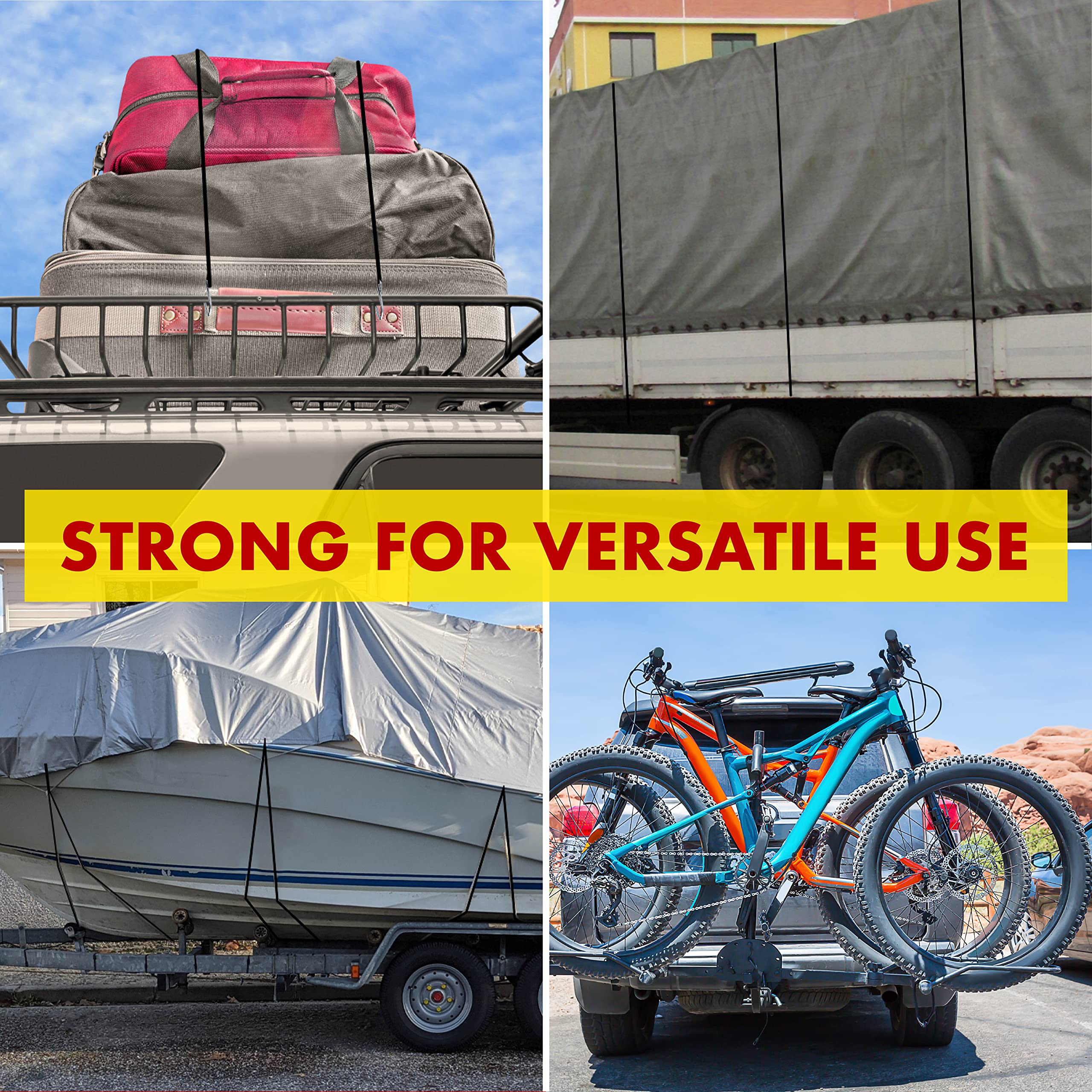 Heavy Duty Rubber Bungee Cords with Hooks - Premium Tarp & Cargo Straps for Truck, Boat & RV - Made in USA - Secure Tie Downs for Camping, Moving & Storage