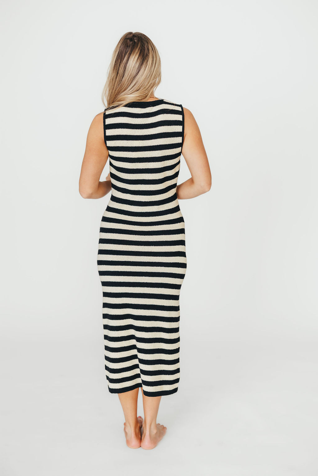 Elsie Knit Midi Dress - Black & Natural Striped Flowy Summer Dress for Women | Casual Office Wear, Date Night Outfit & Beach Cover Up