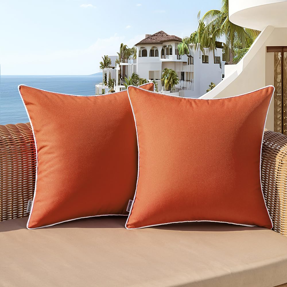 Woaboy Set of 2 Waterproof Outdoor Pillow Covers 16x16 Inch - Burnt Orange Decorative Farmhouse Square Throw Pillow Covers for Patio, Sofa, Living Room & Bed - All-Weather Home Decor for Fall Season