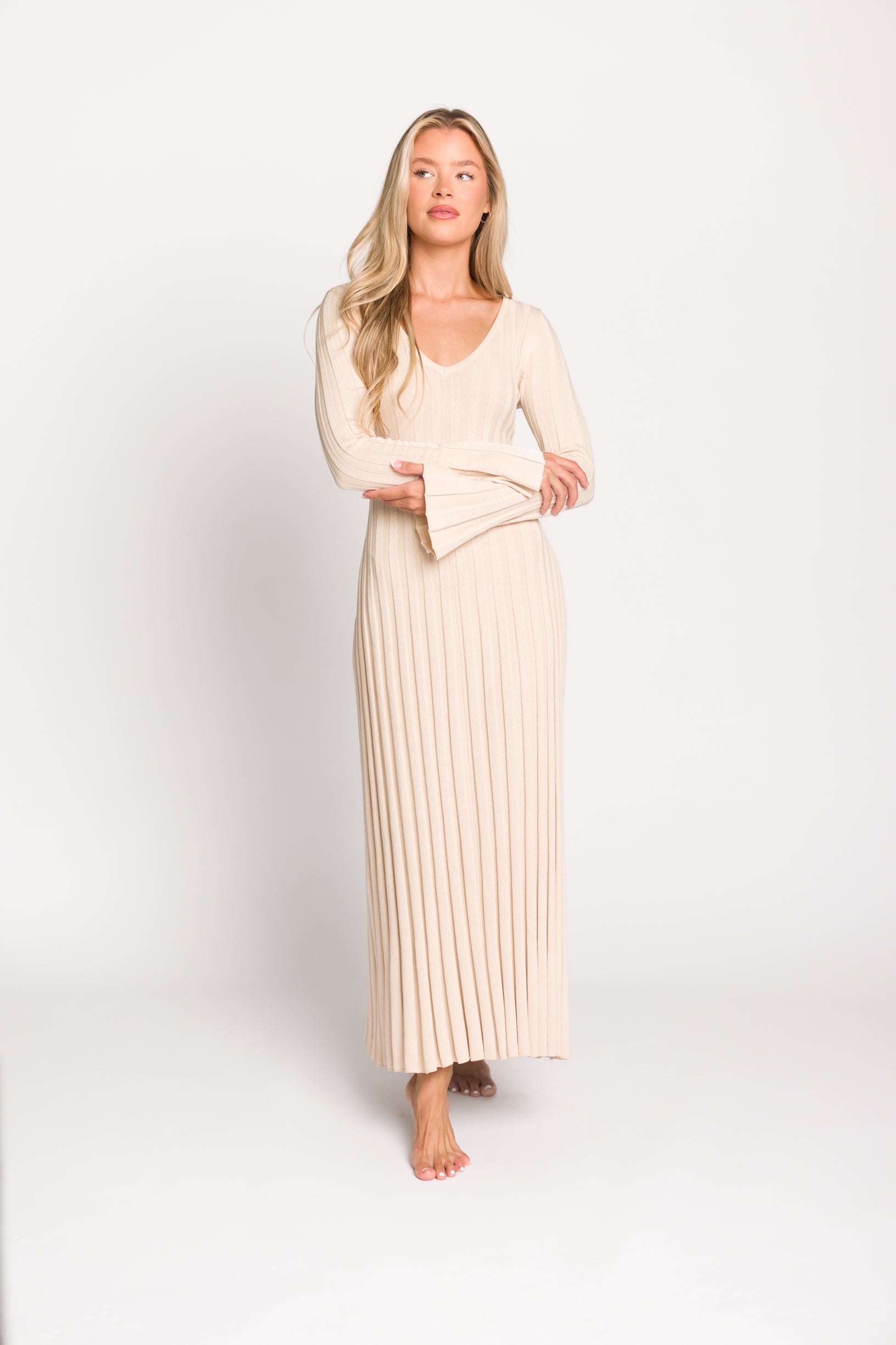 Hadley Long Sleeve V Neck Knit Maxi Dress in Cream Taupe - Elegant Women's Casual Maxi Dress for Fall & Winter, Perfect for Office, Date Night and Holiday Parties