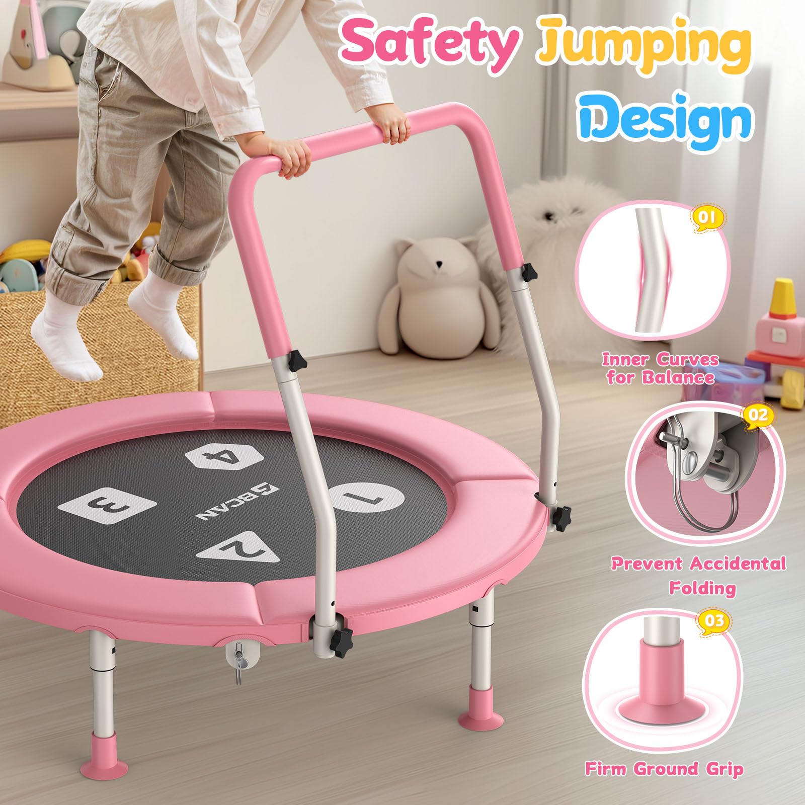 BCAN 36'' Foldable Toddler Trampoline with Adjustable Handle - Safe Mini Trampoline for Kids Ages 1-6 - Indoor/Outdoor Baby Jumping Toy with Safety Pad & Foldable Legs - Perfect Gift for Boys & Girls - Ideal for Playrooms, Backyards & Birthday Parties