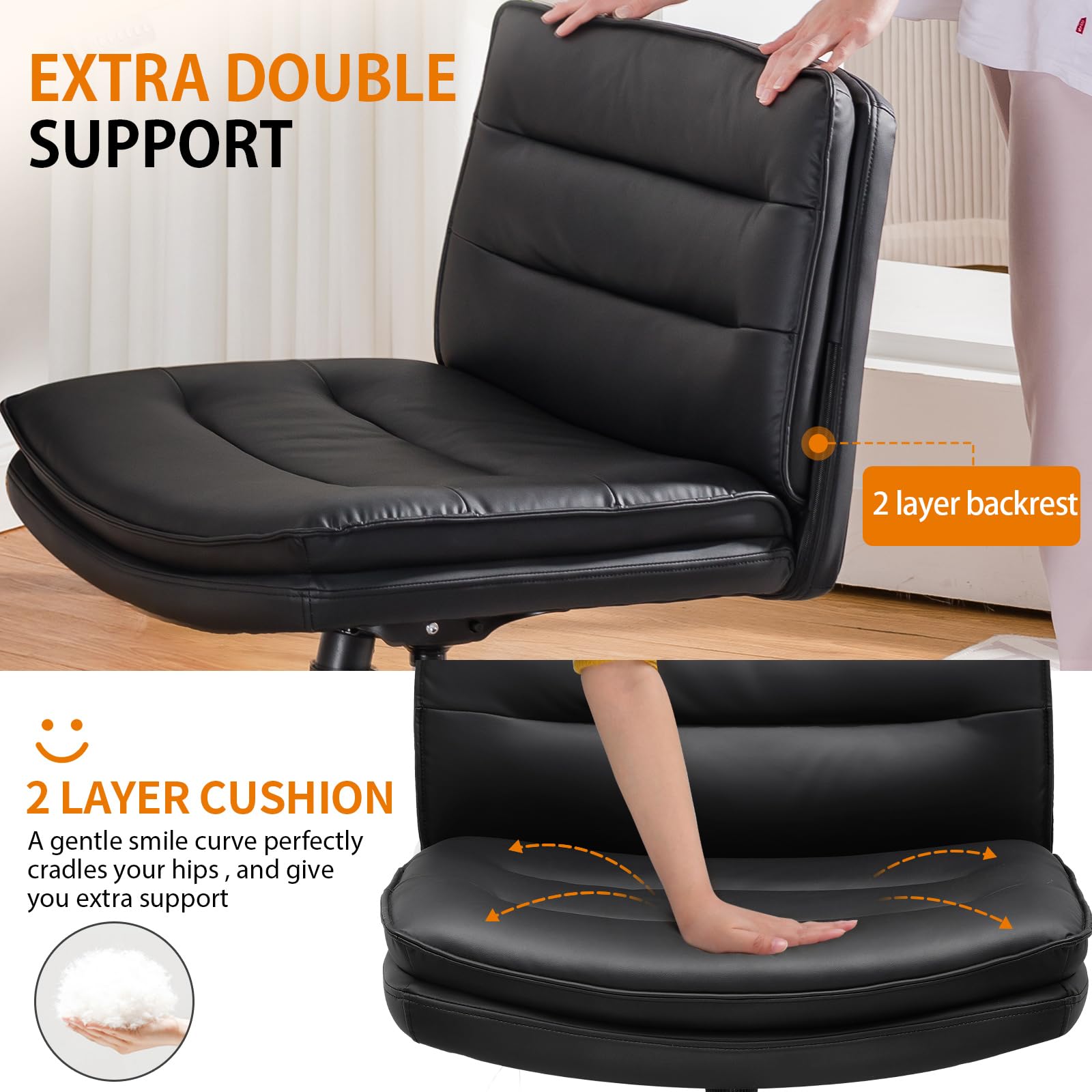 COMHOMA Criss Cross Chair with Wheels - Armless Wide Cross Legged Office Chair, Mid Back Swivel Adjustable Desk Chair for Home & Office, Modern Computer Vanity Chair (Black) - Perfect for Workstations, Gaming Setups & Small Spaces