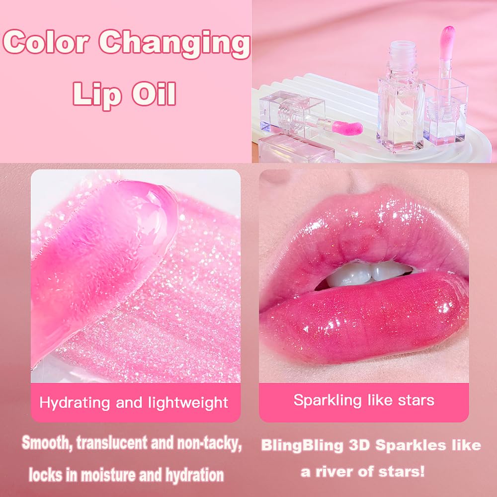 Magic Color Changing Lip Oil - Hydrating Warm Tint Lip Gloss with Big Brush, Long Lasting Shimmery Finish for Moisturized Lips | Perfect for Daily Wear, Date Nights & Special Occasions