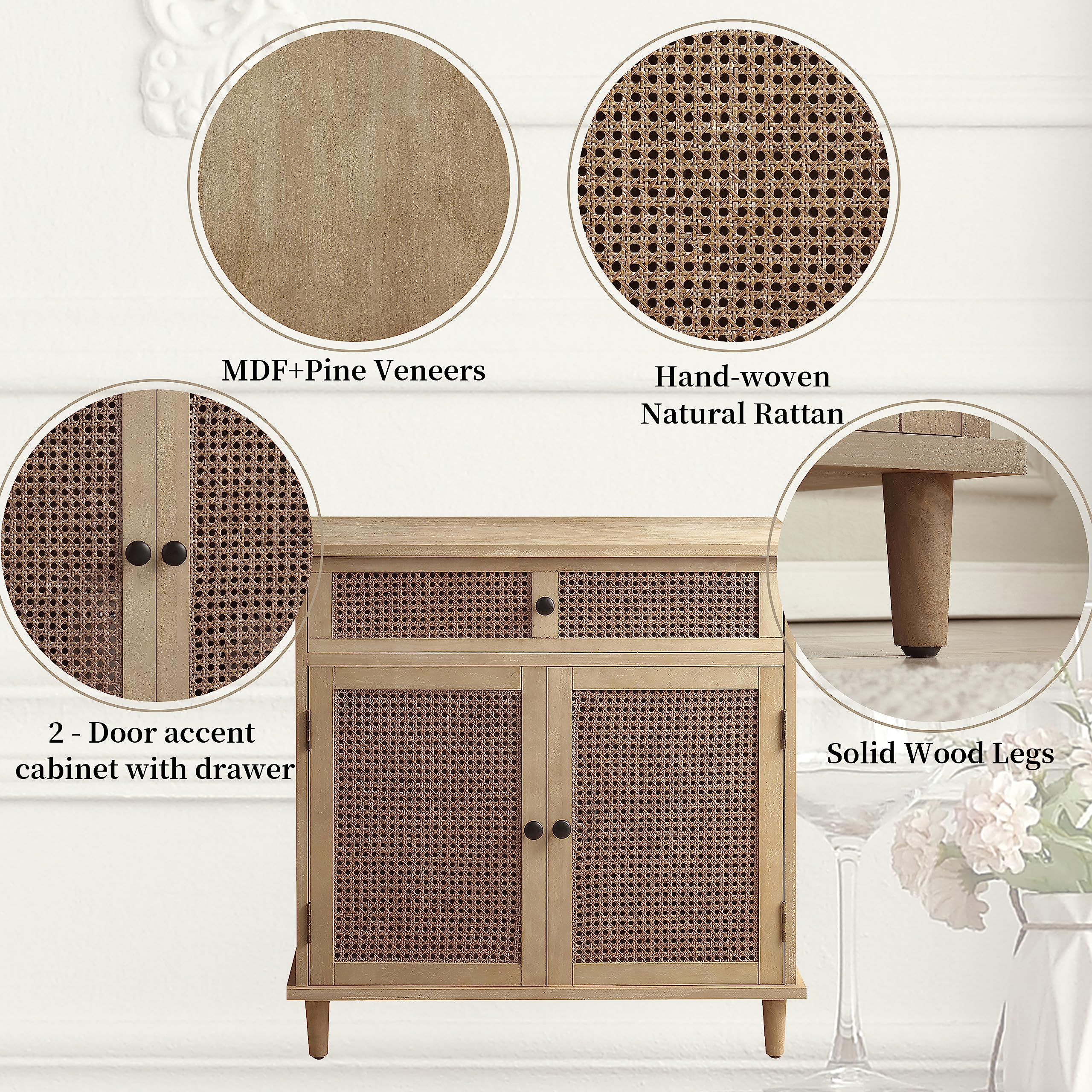 Zouron Woven Rattan Accent Cabinet with 2 Drawers - Modern Sideboard Storage for Entryway, Living Room & Hallway - Perfect for Home Decor, Organizing Blankets & Displaying Decor Items