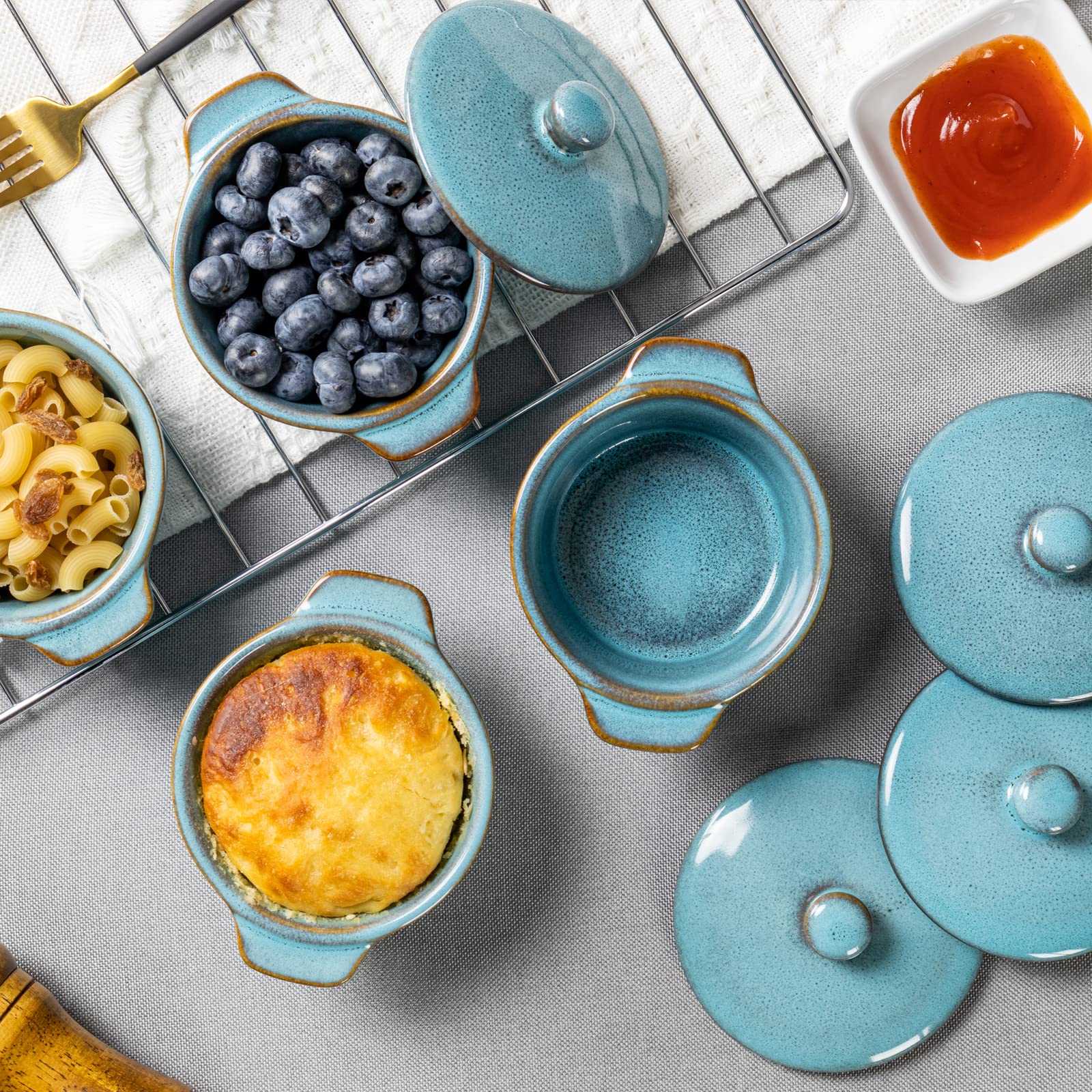 8 oz Creme Brulee Ramekins with Lids - Oven Safe Ceramic Bowls for French Onion Soup, Souffle & Pot Pie - Set of 4 Mini Covered Casserole Dishes in Reactive Blue | Perfect for Baking, Serving & Entertaining