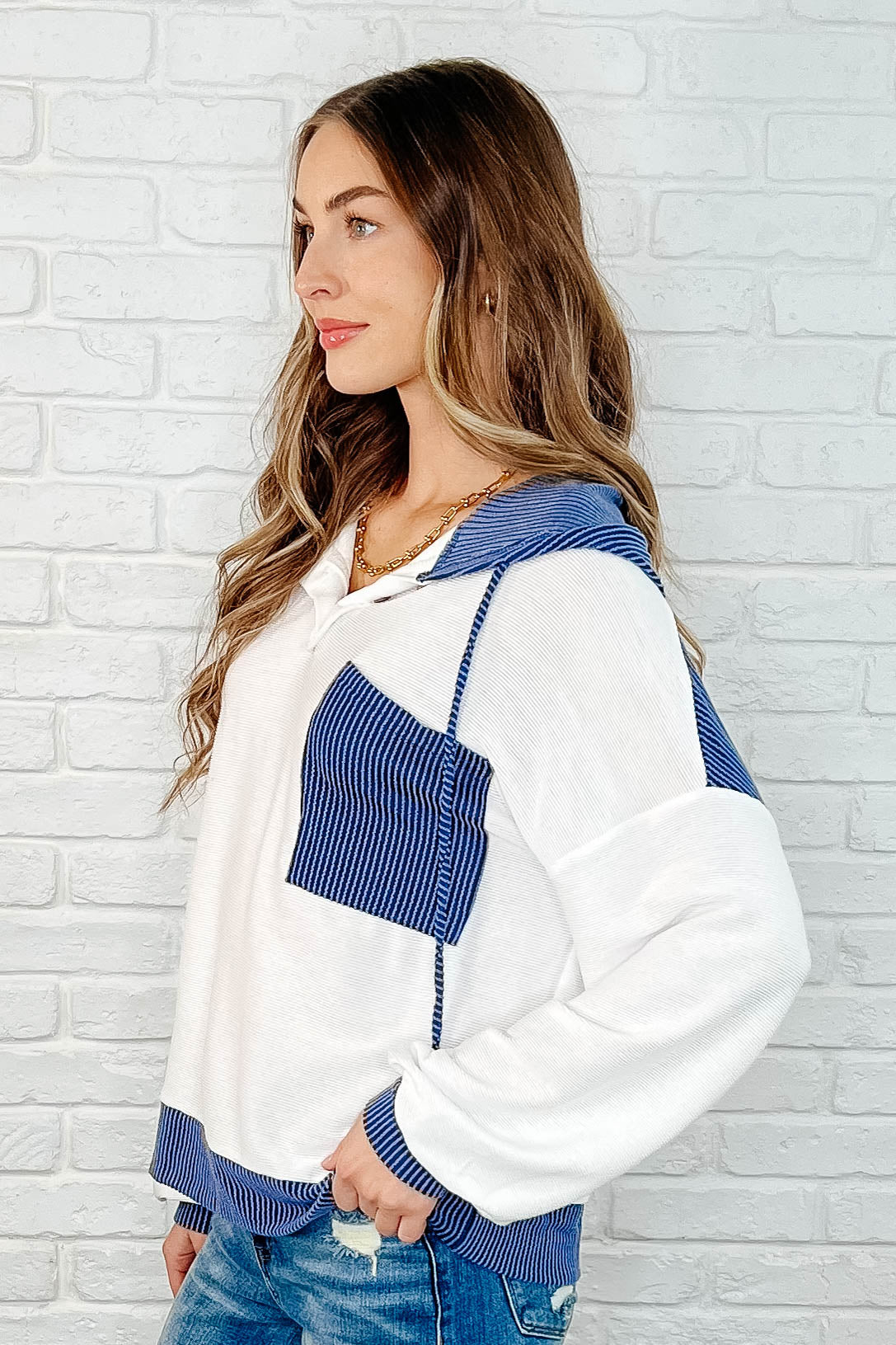 Here for Now Color Block Hoodie - Blue Pullover Sweatshirt for Men & Women | Casual Streetwear, Loungewear, and Outdoor Activities