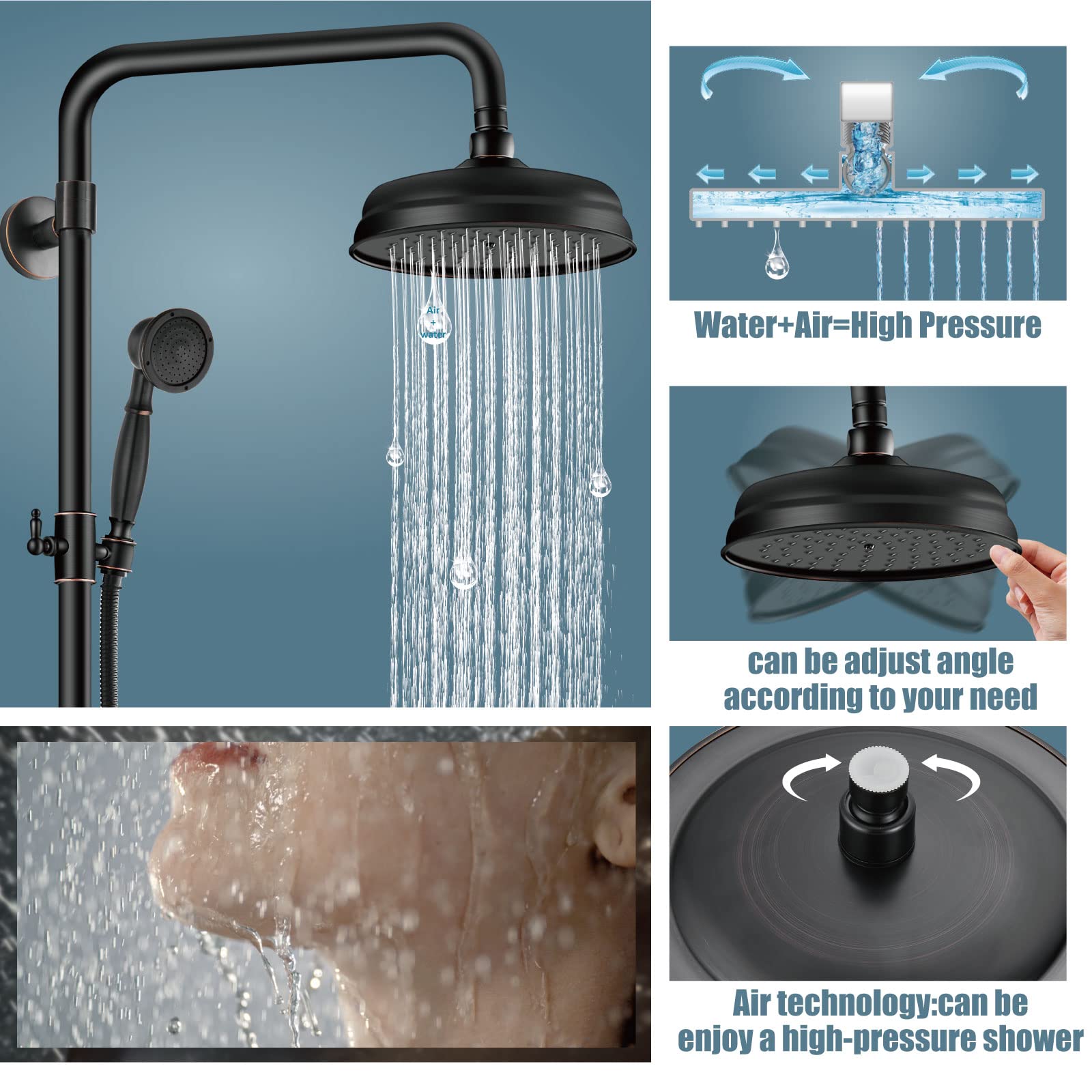 Aolemi Oil Rubbed Bronze Shower Faucet Set - 8 Inch Rainfall Shower Head with Mixer Valve, Cross Handle & Hand Spray for Bathtub | Bathroom Upgrade for Spa-Like Experience (Brass Construction, Easy Installation)