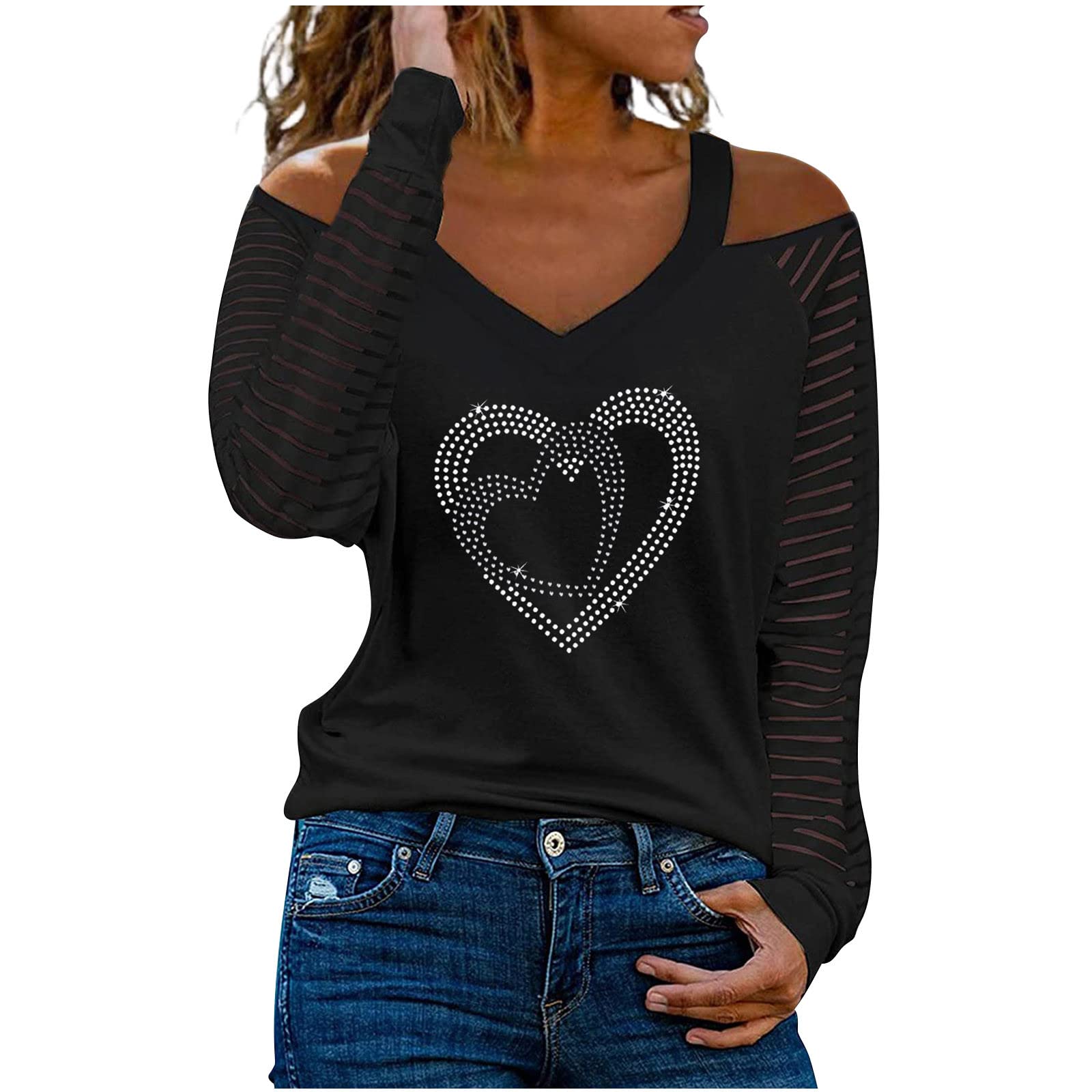 Women's Cold Shoulder Graphic T-Shirts with Rhinestone & Mesh Long Sleeves - Fall Fashion Casual Blouses for Party, Date Night & Everyday Wear