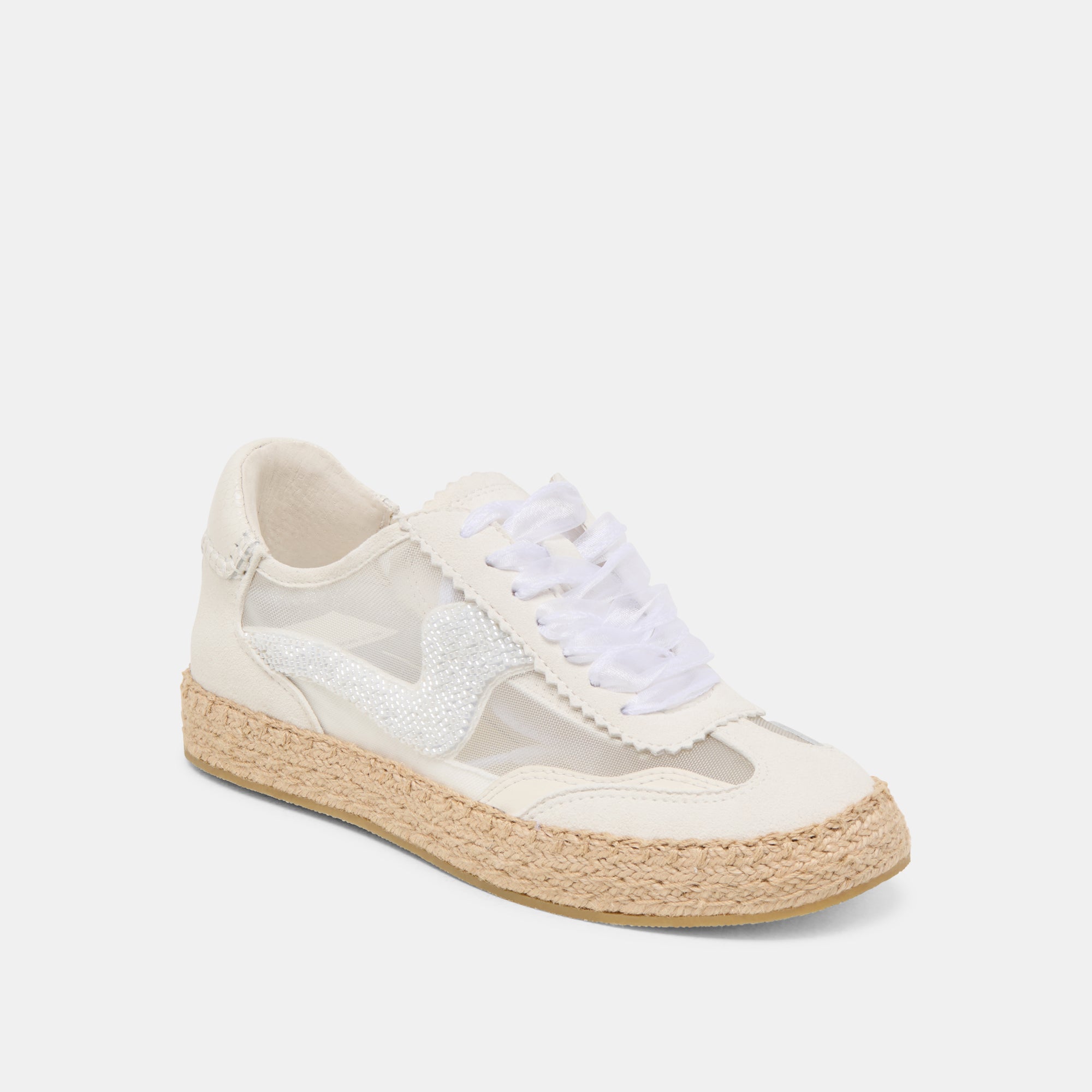 Women's White Mesh Beaded Espadrille Sneakers - Comfortable Summer Casual Shoes for Beach, Walking, and Outdoor Activities