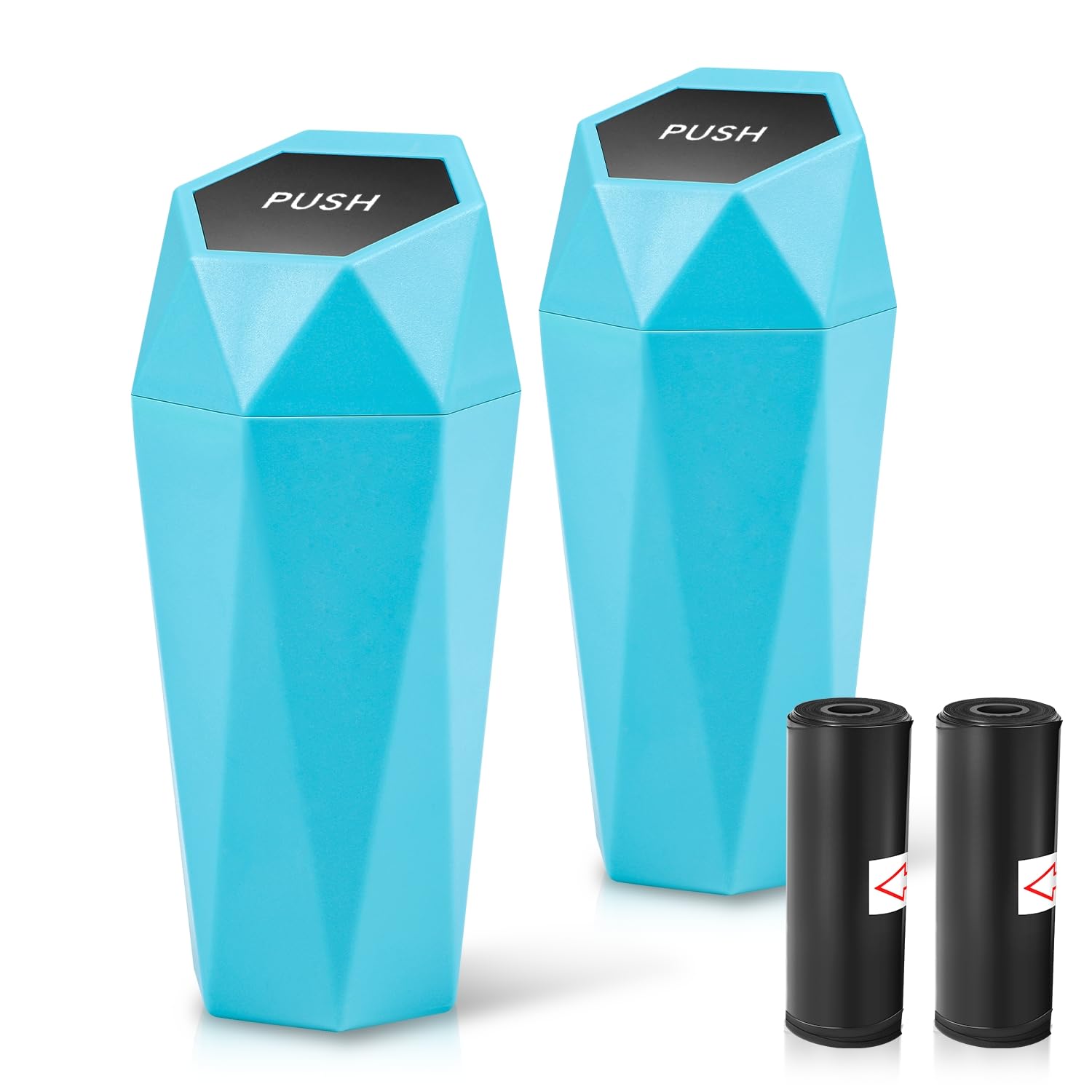 Auto Dynasty Car Trash Can with Lid - 2 Pack Leakproof Mini Garbage Can for Car Cup Holder, Includes 30 Trash Bags - Blue Vehicle Interior Organizer for Home, Office & Travel | Perfect for Road Trips, Commuting & Keeping Your Car Clean