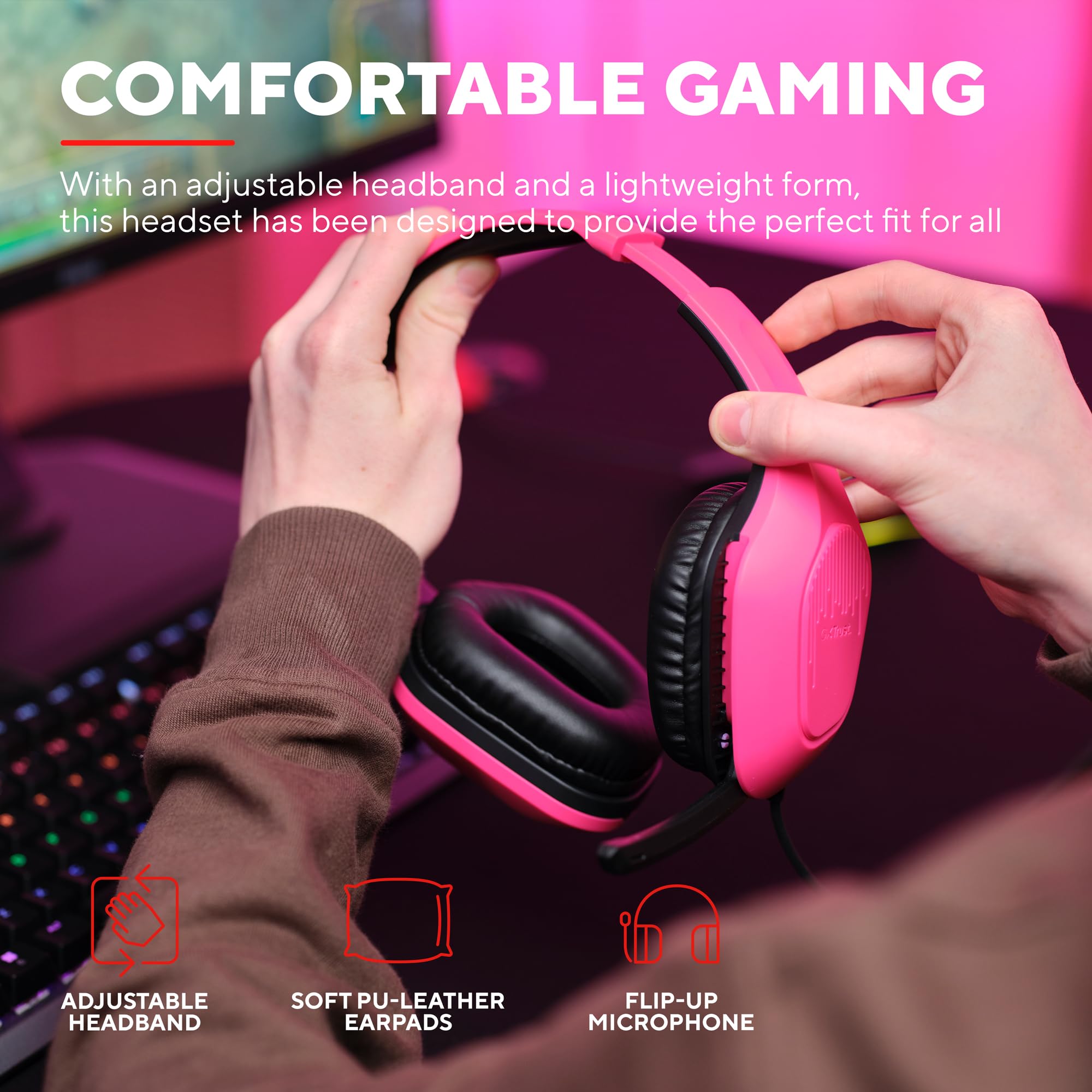 Trust Gaming GXT 790P Tridox 3-in-1 Gaming PC Bundle - Lightweight Headset with 50mm Drivers, Programmable Wired Mouse (200-6400 DPI), Mouse Pad - Complete Gaming Set for Computer, Laptop & Desktop (Pink) - Perfect for Esports, Streaming & Competitive Gaming