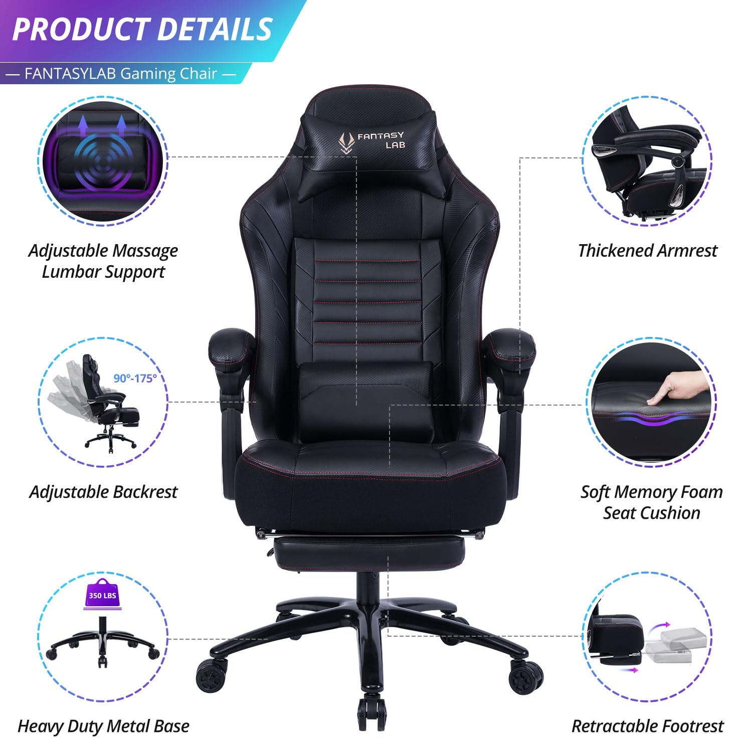 Fantasylab Big and Tall Gaming Chair 400lb Capacity with Footrest & Massage - Memory Foam Seat, Adjustable Tilt Back & Armrests - Ergonomic Office Chair for Heavy Adults - Perfect for Gaming, Working & Relaxing at Home