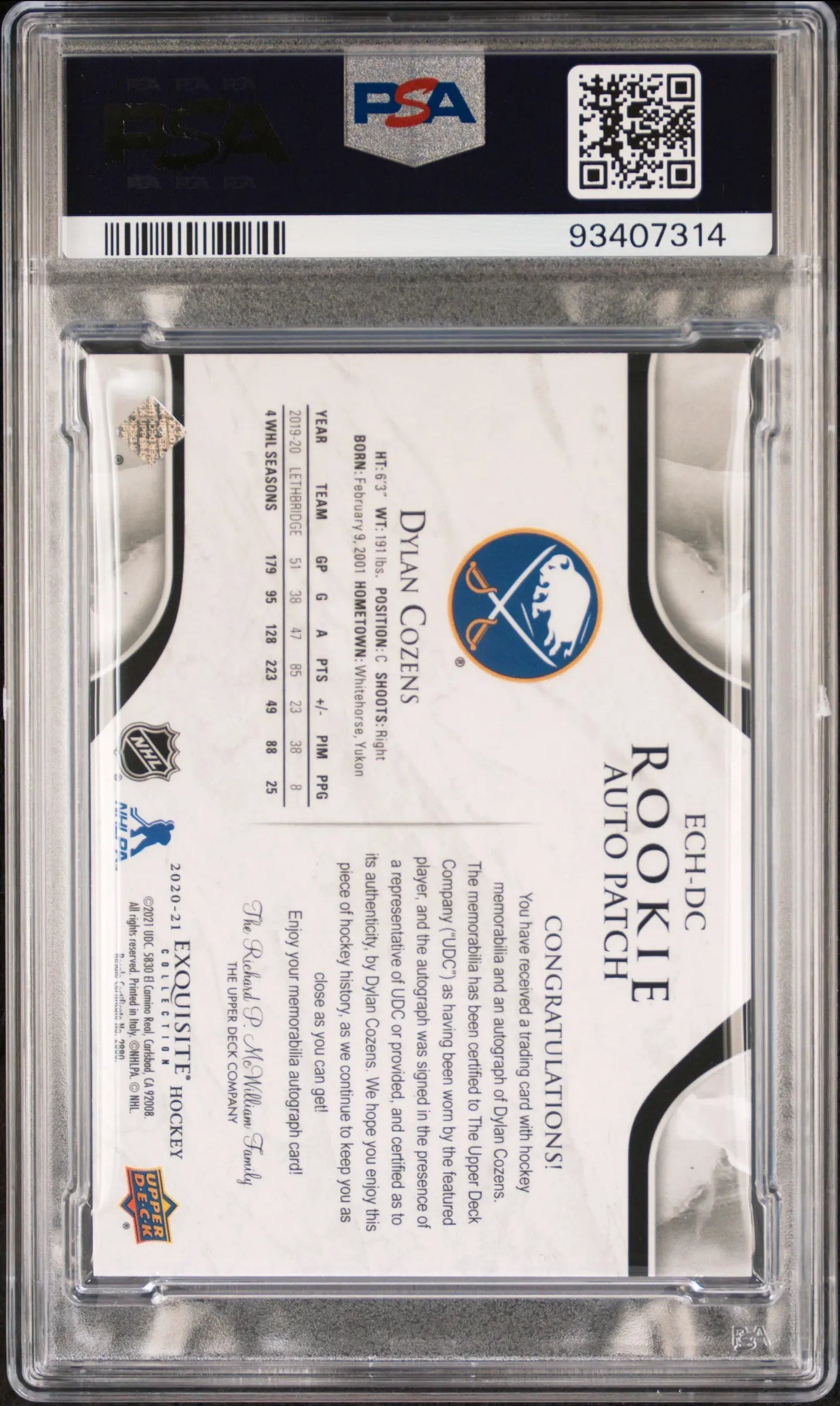 2020 UD The Cup Exquisite Collection PSA 10 Dylan Cozens Rookie Patch Auto Horizontal /25 - Rare Hockey Trading Card for Collectors & Investors