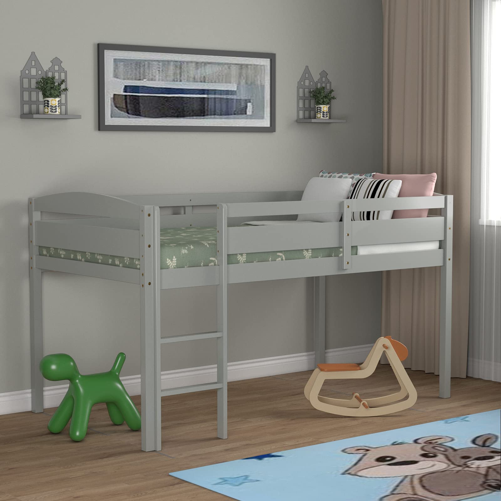 Costzon Twin Loft Bed with Storage - Solid Wood Low Bunk Bed with Guard Rail & Ladder for Kids - Space-Saving Bedroom Furniture for Boys & Girls - No Box Spring Needed - Classic Gray Children's Loft Bed - Perfect for Small Rooms, Dormitories & Shared Kids' Bedrooms