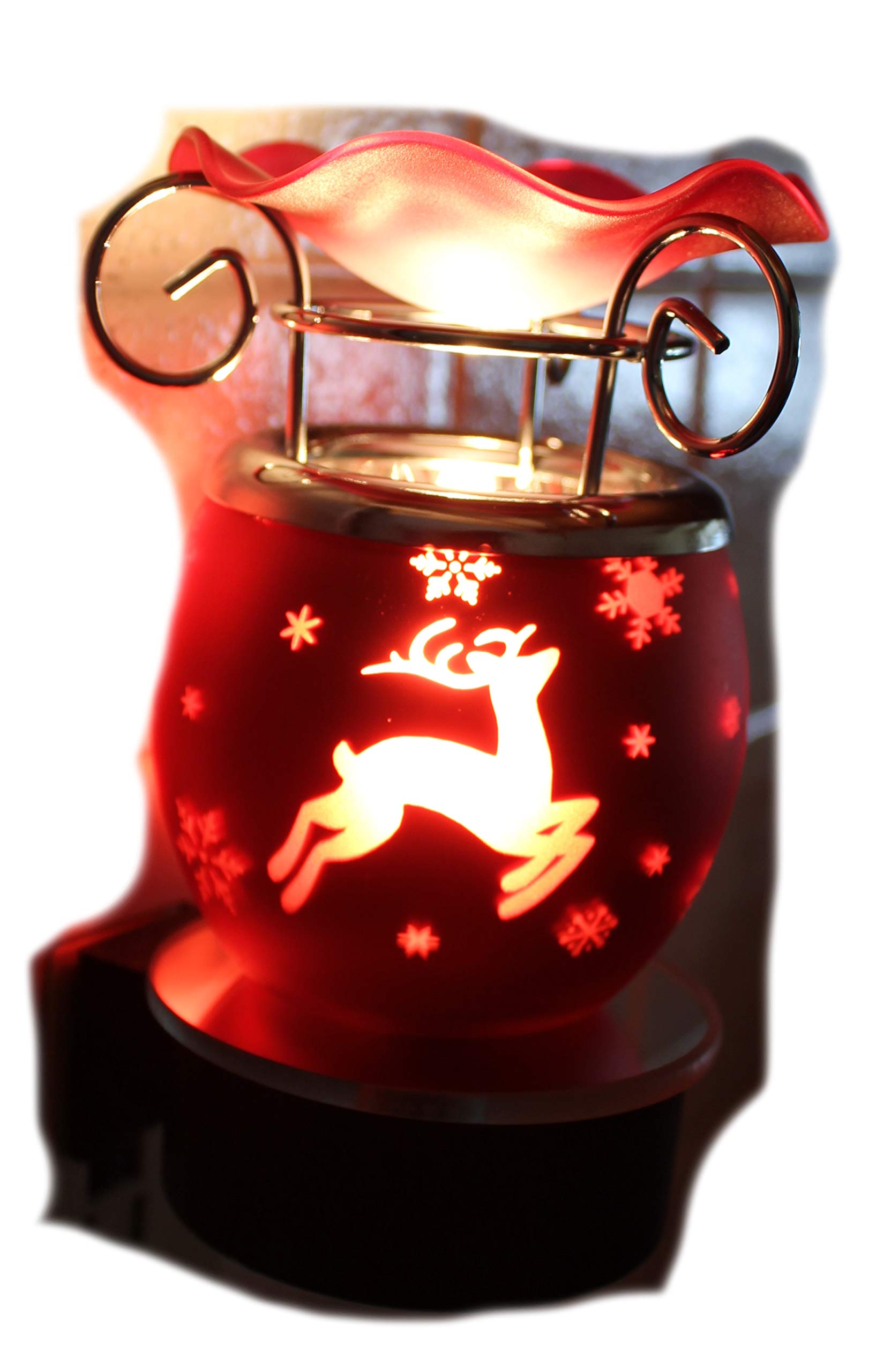 Navillus Plug-in Aroma Lamp Night Light - Oval Shape Christmas Reindeer & Snowflakes Design, Essential Oil Warmer with Dimmer in Red - Perfect for Bedroom, Living Room, and Holiday Decor
