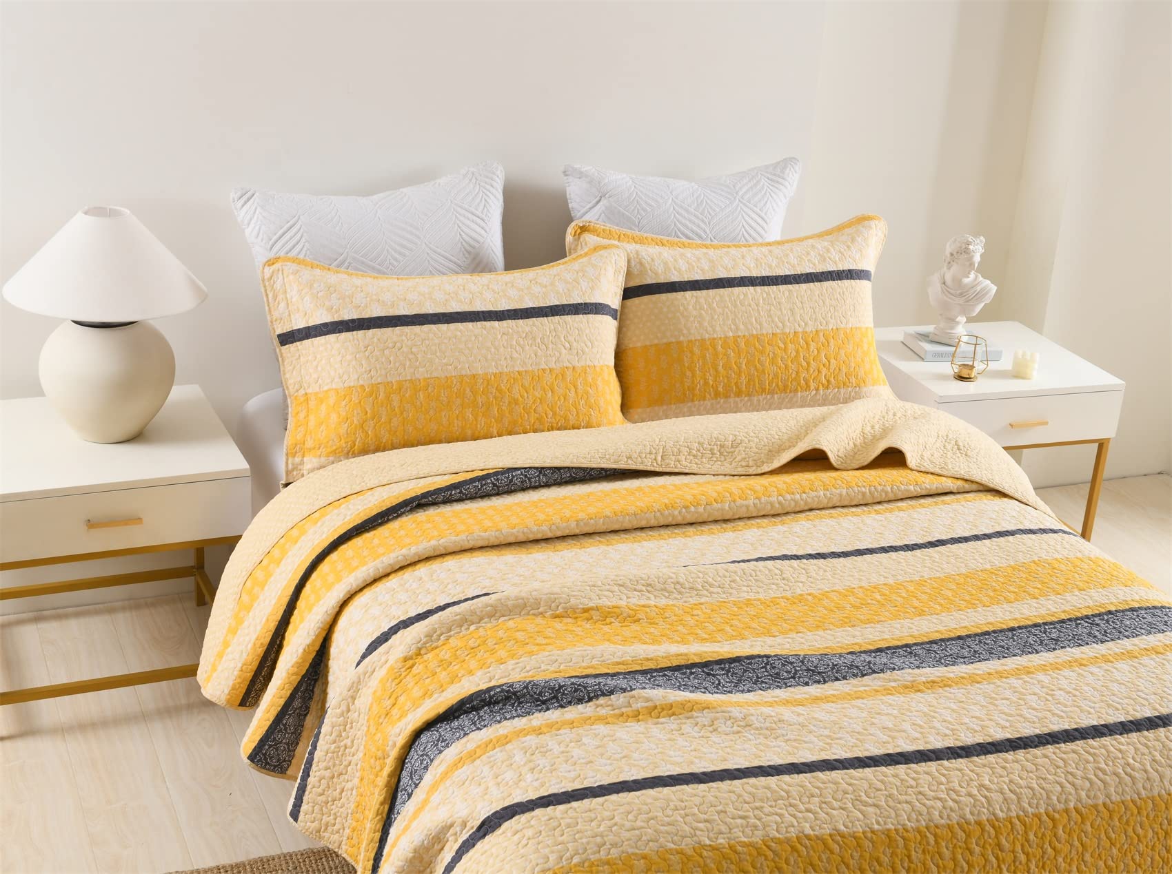 Homzard King Size Quilt Set - 100% Cotton Farmhouse Striped Comforter in Yellow, Black & Gray | Lightweight 3-Piece Bedding for Cozy Home Decor | Perfect for Master Bedroom, Guest Room & Farmhouse Style