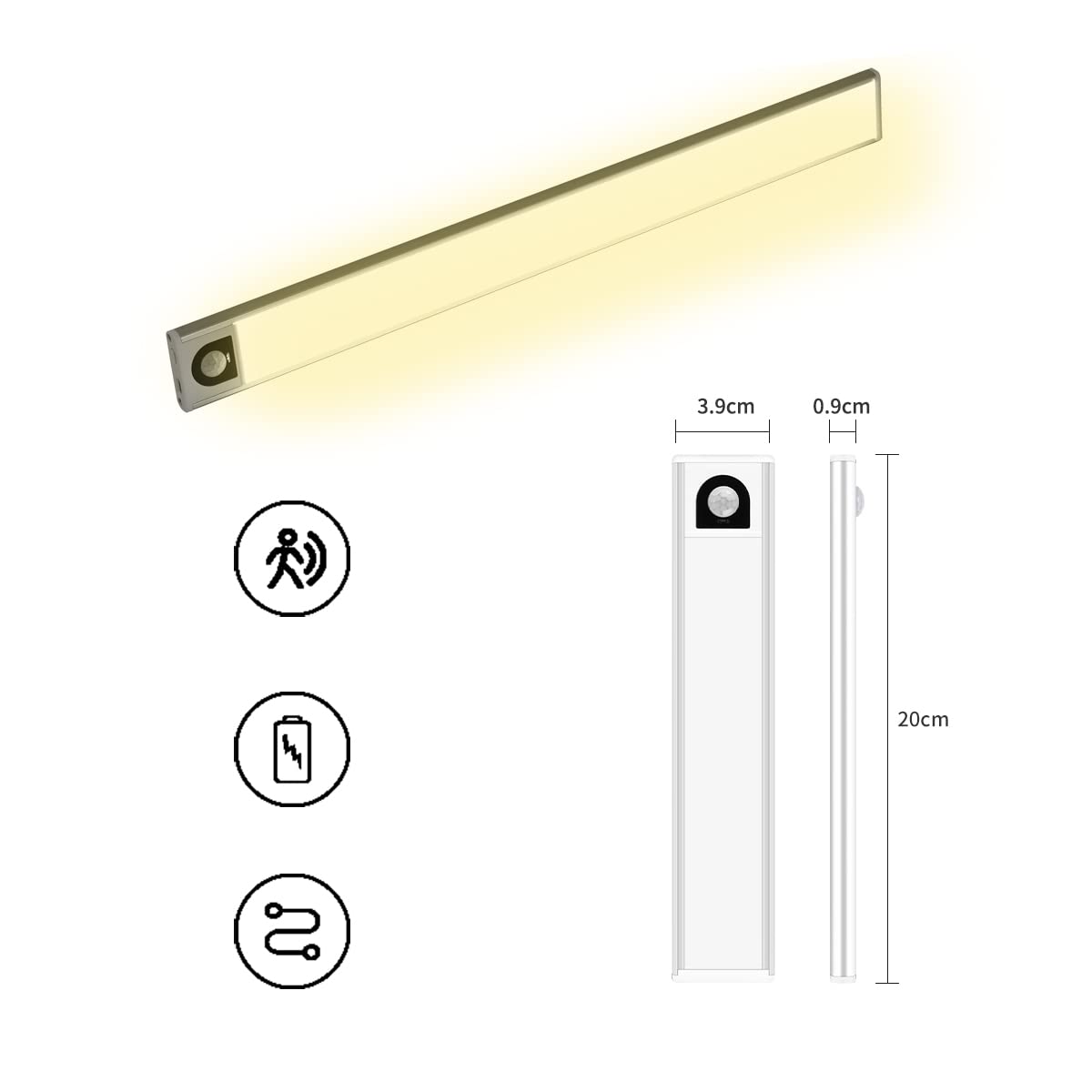 Magnetic Under Cabinet Lights - 8 Inch Rechargeable Motion Sensor Closet Lighting with Adhesive, Perfect for Kitchen Cabinets, Hallways, Stairs & Cars | Energy-Efficient LED Night Light for Home & Vehicle Use