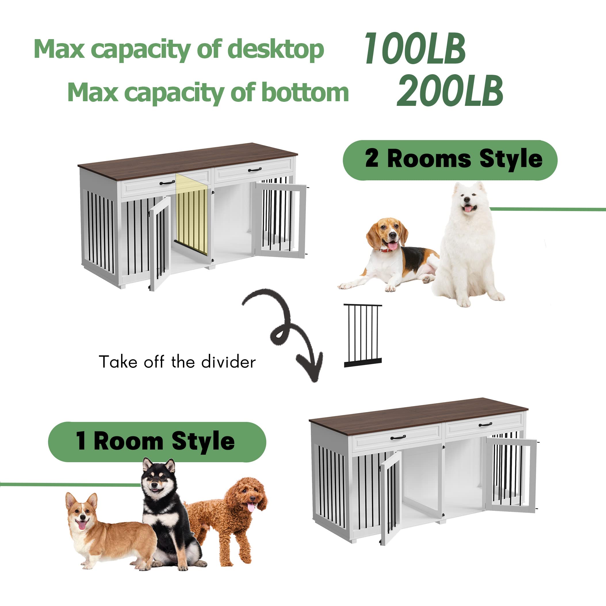 64.6 Inch Heavy Duty Wooden Dog Crate - Furniture Style Indoor Kennel with Drawers & Divider, Double Room Dog House for Large Medium Small Dogs (White) - Perfect for Living Room, Bedroom & Home Decor