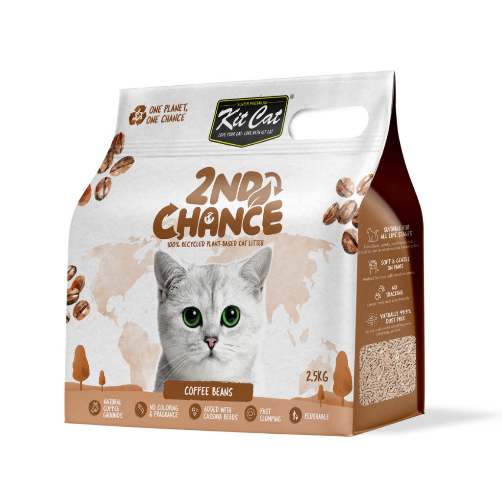 Kit Cat 2nd Chance Plant-Based Cat Litter 2.5kg - Eco-Friendly Pea Fiber, Coffee Beans, Black Tea & Green Tea Leaves - Odor Control for Indoor Cats - Perfect for Multi-Cat Households & Small Spaces