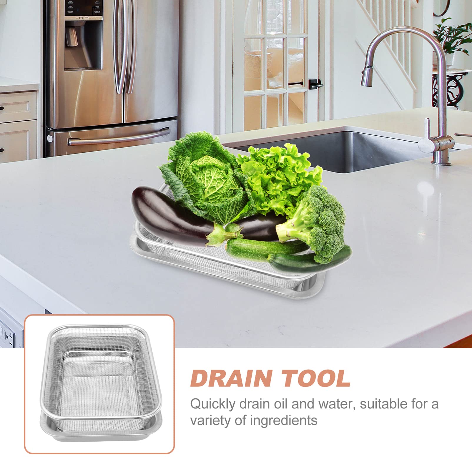 Premium Stainless Steel Kitchen Strainer Colander - Heavy Duty Rectangular Oil Drain Plate with Tray | Food Strainer Bowl for Fruits, Snacks & Fast Food | Ideal for Home Kitchen, Restaurants & Food Prep Stations