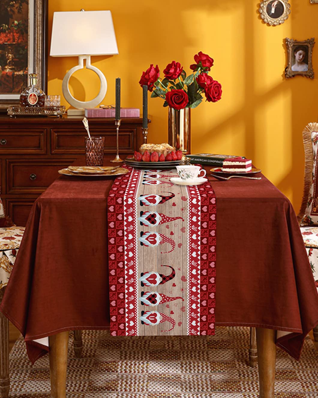 72 Inch Long Rustic Wood Table Runner with Valentine's Day Gnomes & Love Hearts - Perfect for Kitchen, Dining Table, Coffee Table Decor - Ideal for Parties, Home Decor, Holiday Celebrations (13x72 Inches)
