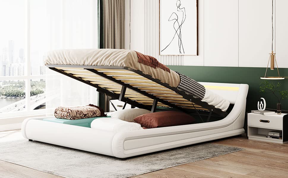 Modern Gas Lift Storage Bed with LED Headboard - Upholstered Leather Platform Bed with Hydraulic Storage System, Queen Size - Perfect for Small Bedrooms, Guest Rooms & Modern Apartments