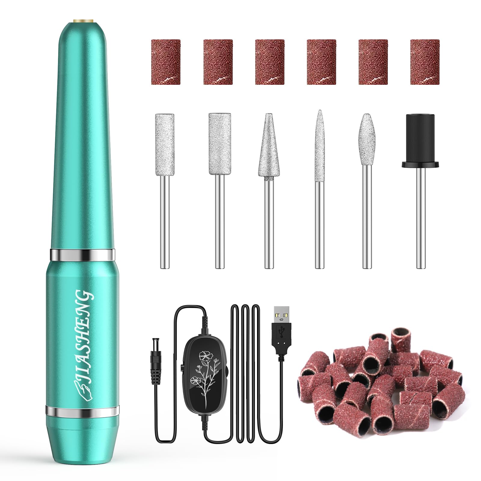 JIASHENG Professional USB Electric Nail Drill Kit - Portable Manicure & Pedicure Tool for Acrylic Gel Nails with Multiple Drill Bits - Perfect for Home Salon, Nail Art & DIY Nail Care (Green)