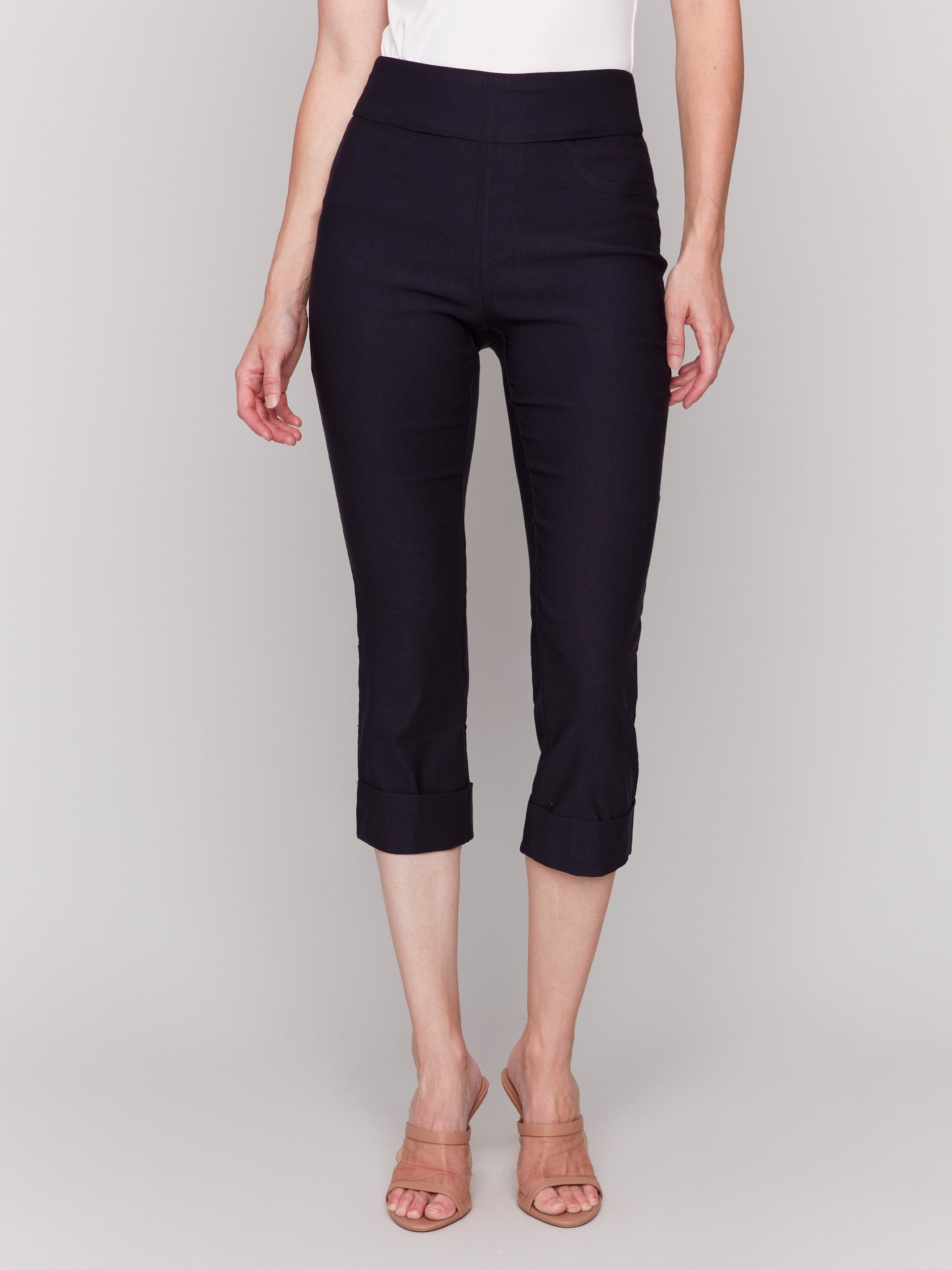 Stretch Pull-On Capri Pants for Women - Comfortable Black Workout & Lounge Pants - Perfect for Yoga, Running, and Casual Wear