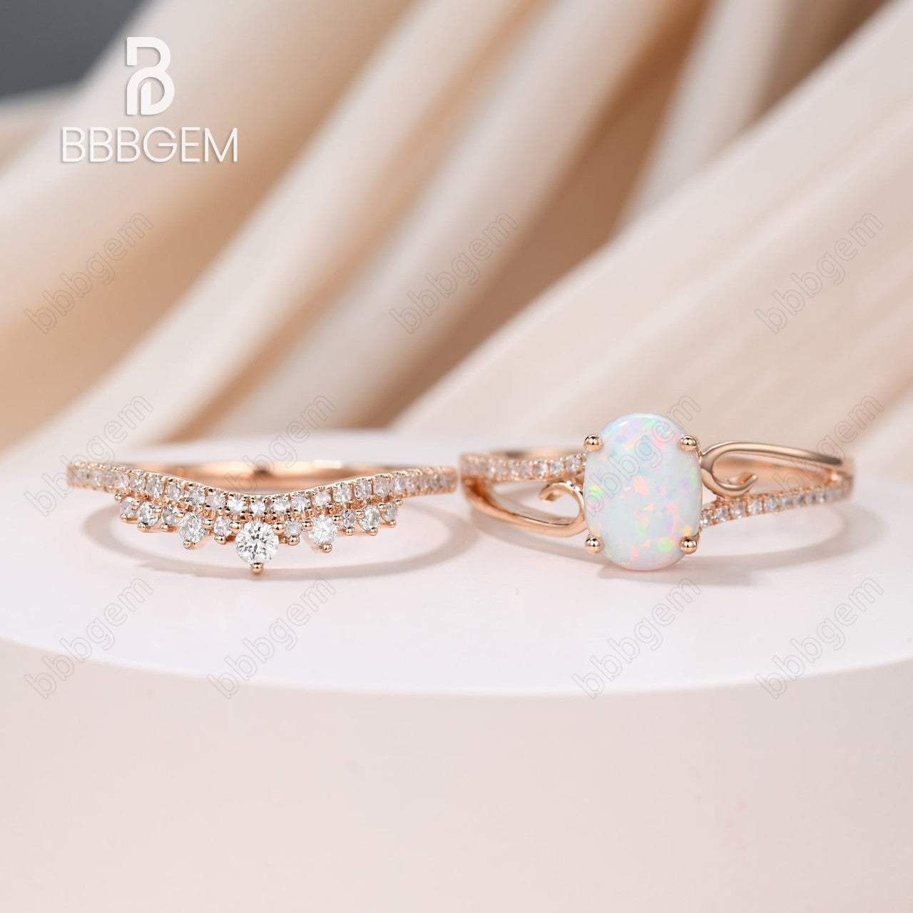 Antique Rose Gold Oval Opal Engagement Ring Set with Diamond Wedding Band - Vintage Curved Design for Unique Bridal Jewelry, Perfect for Proposals, Weddings & Anniversaries