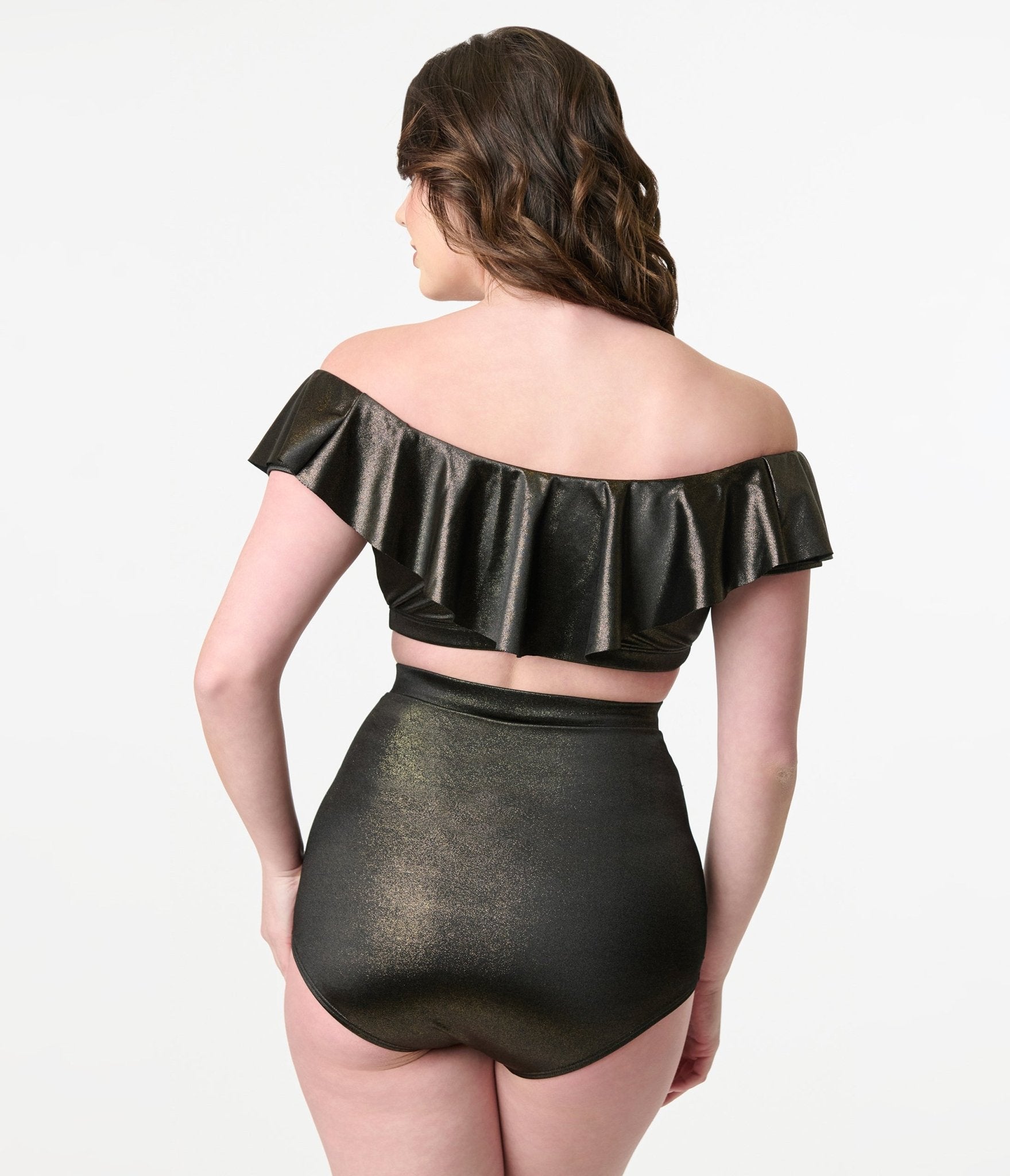 Vintage Black Shimmer Ruffled Ramona Swim Top - Retro High Neck Bikini Top for Women, Perfect for Beach, Pool, and Summer Vacations