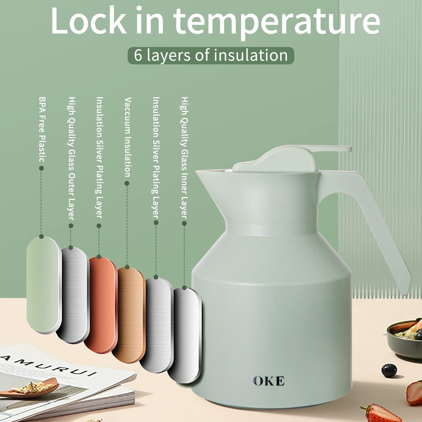 OKE 34oz Double-Walled Vacuum Insulated Coffee Carafe with Glass Liner - 24-Hour Hot & Cold Retention Beverage Dispenser, Ergonomic Handle for Coffee, Tea, Water - Perfect for Home, Office, Camping & Outdoor Use (White)