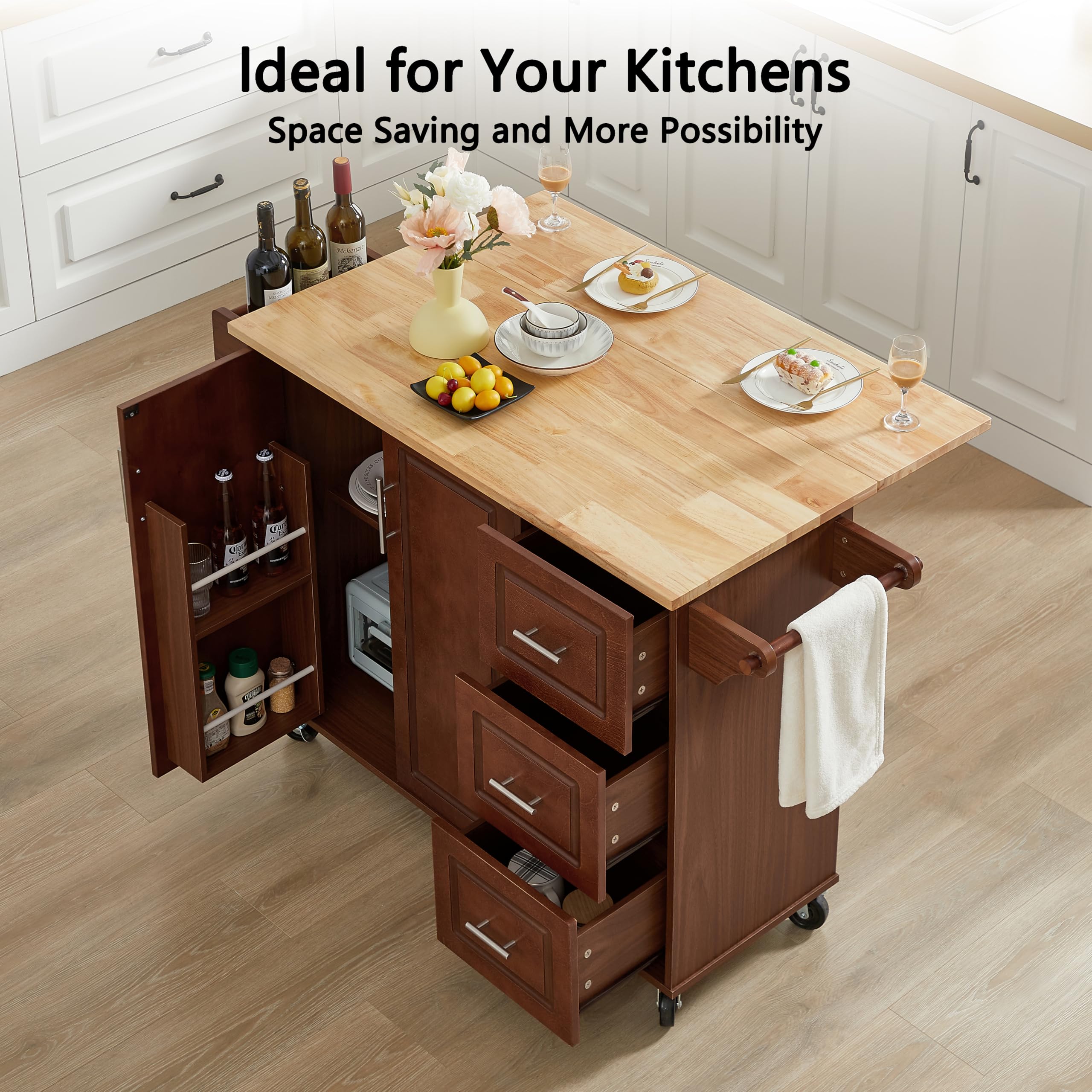 **Rolling Kitchen Island with Storage - Drop Leaf Countertop, Spice Rack, Wheels & Drawers - Mobile Kitchen Cart for Small Spaces, Apartments & Home Cooking (Brown)**    *(Ideal for meal prep, extra counter space, and organizing spices & utensils in compact kitchens.)*