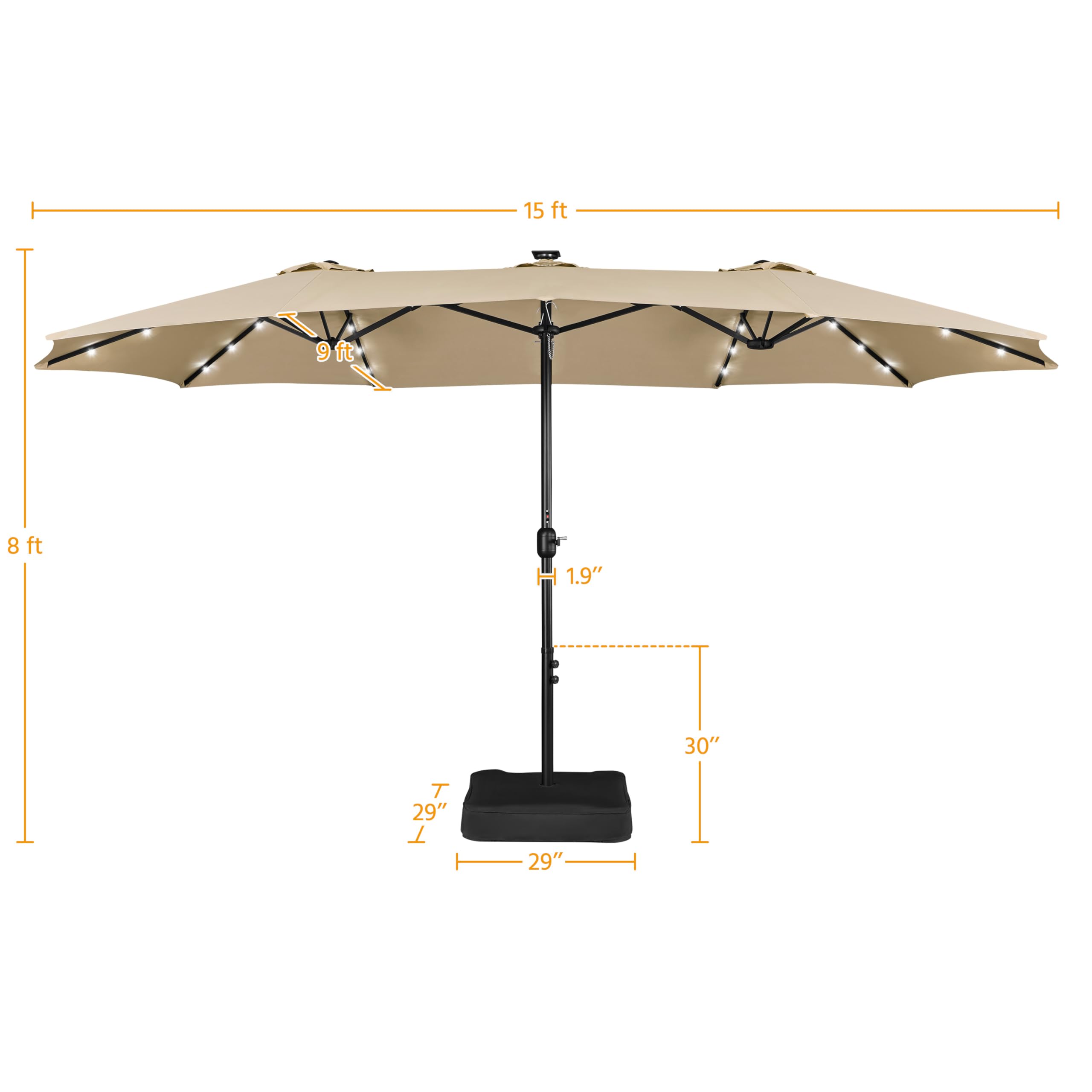 Yaheetech 15 ft Large Outdoor Patio Umbrella with Solar LED Lights - Double-Sided Rectangle Market Umbrella, 36 LED Lights, Crank Handle & Base Included - Perfect for Garden, Poolside, Backyard, and Outdoor Dining Areas (Tan)