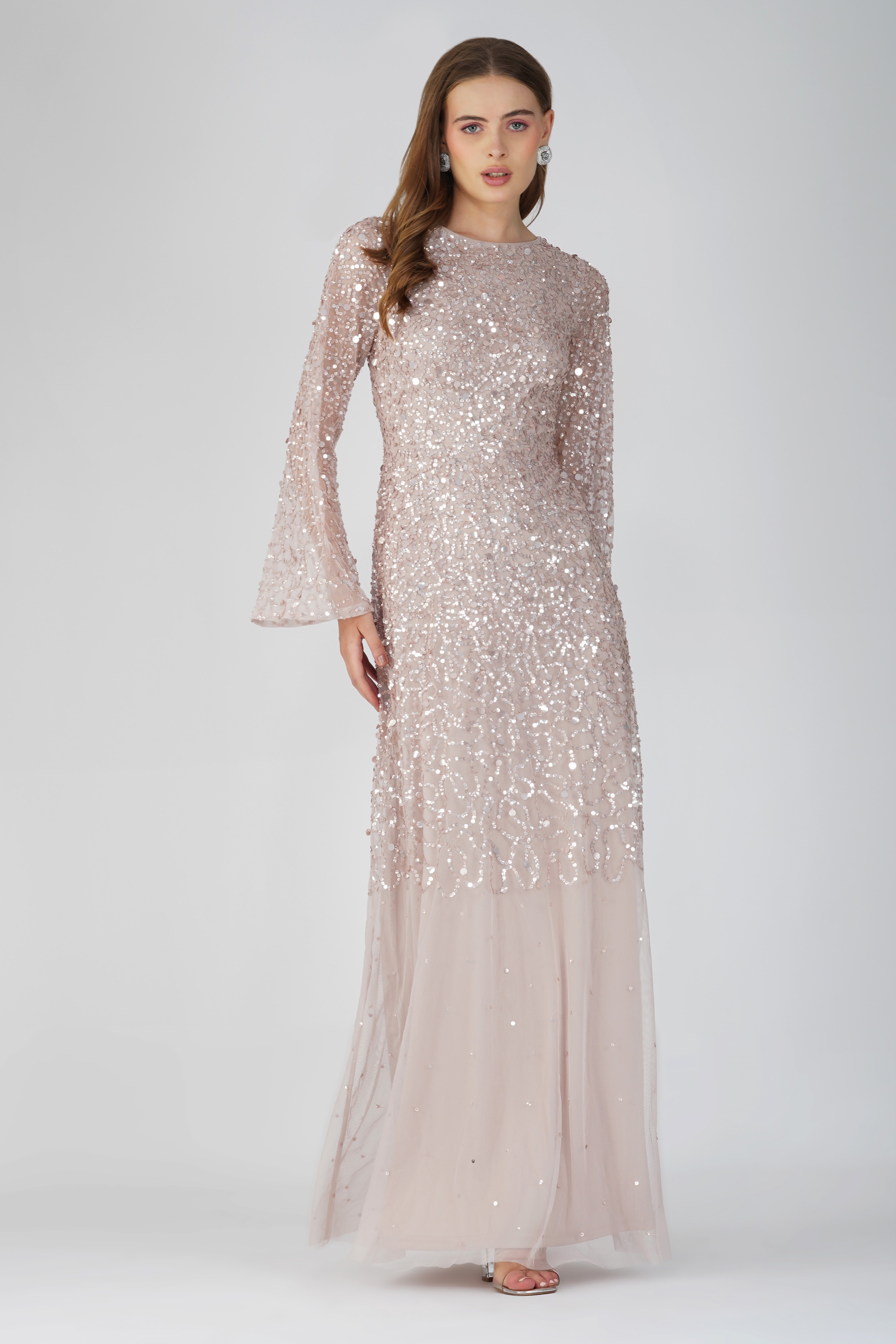 Elegant Diane Long Sleeve Embellished Maxi Dress in Mink - Perfect for Weddings, Parties & Special Occasions