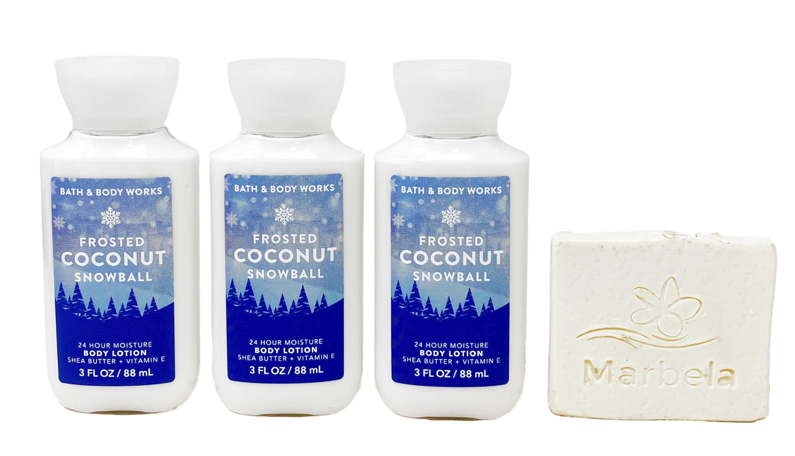 Frosted Coconut Snowball Body Lotion 3-Pack Travel Size by Bath & Body Works with Free Natural Oats Sample Soap | Moisturizing Winter Skincare for Dry Hands & Body | Perfect for Travel, Gym & Holiday Gifts