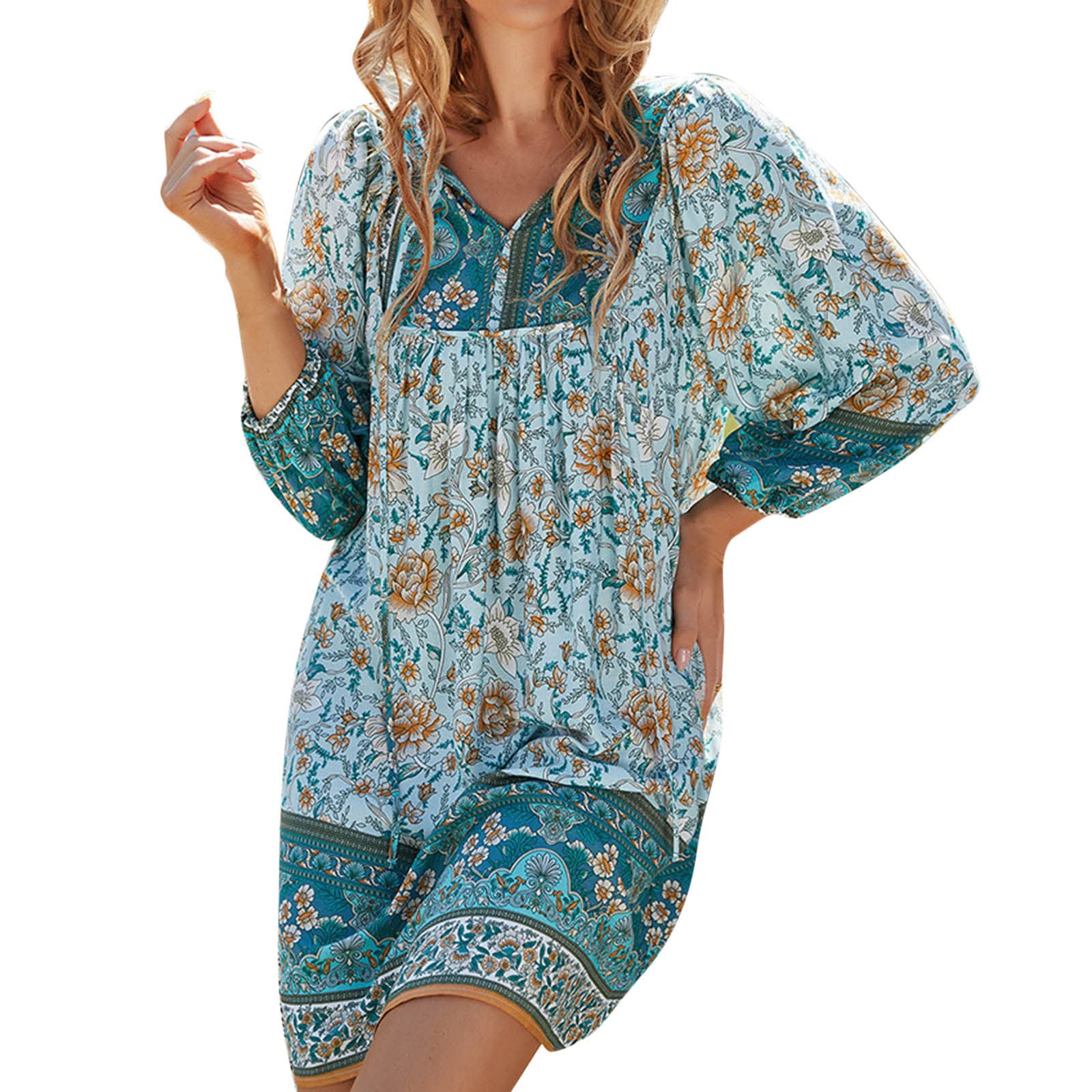 Women's Summer Dress 2024 - Long Sleeve Boho Print Short Skirt for Spring & Summer | Casual Beach Wear, Vacation Outfit, Party Dress