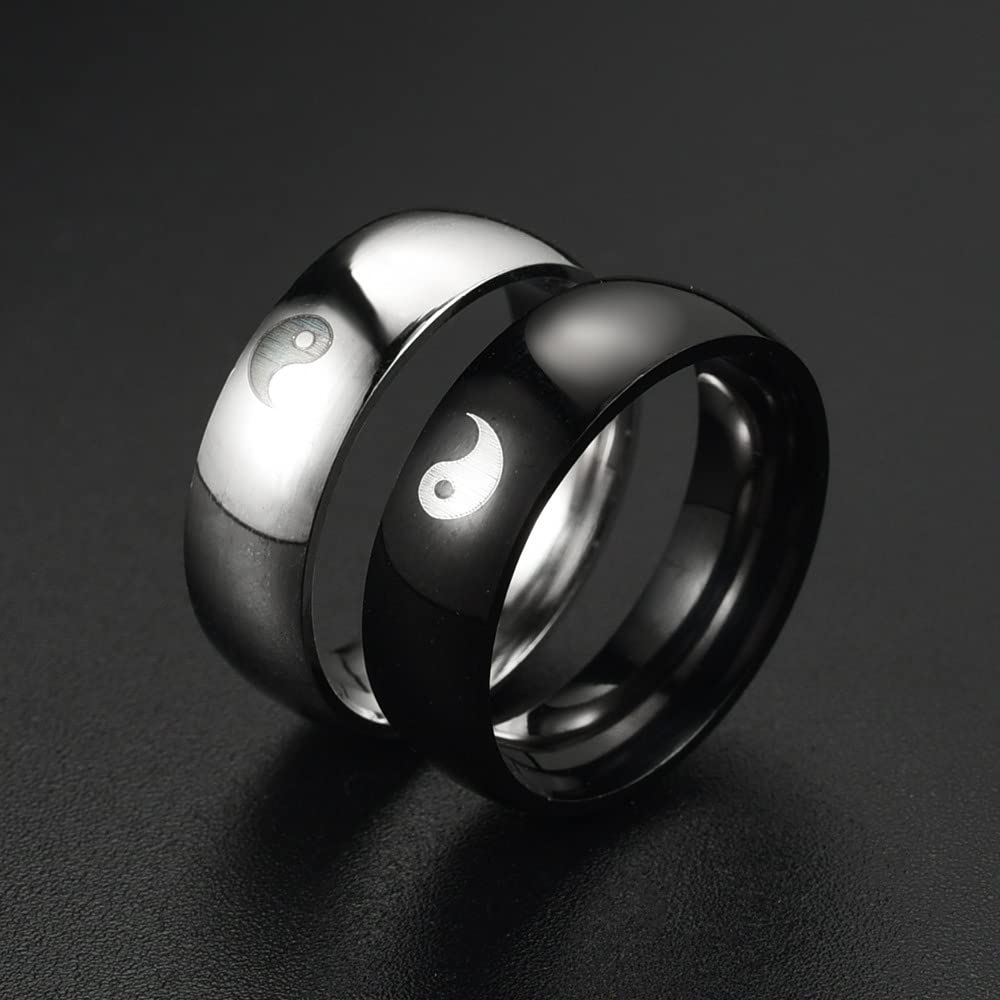 6mm Black & Silver Yin Yang Tai Chi Couple Rings for Men & Women - Matching Stainless Steel Band Set for Boyfriend, Girlfriend, Best Friends - Perfect for Meditation, Martial Arts & Spiritual Gifts
