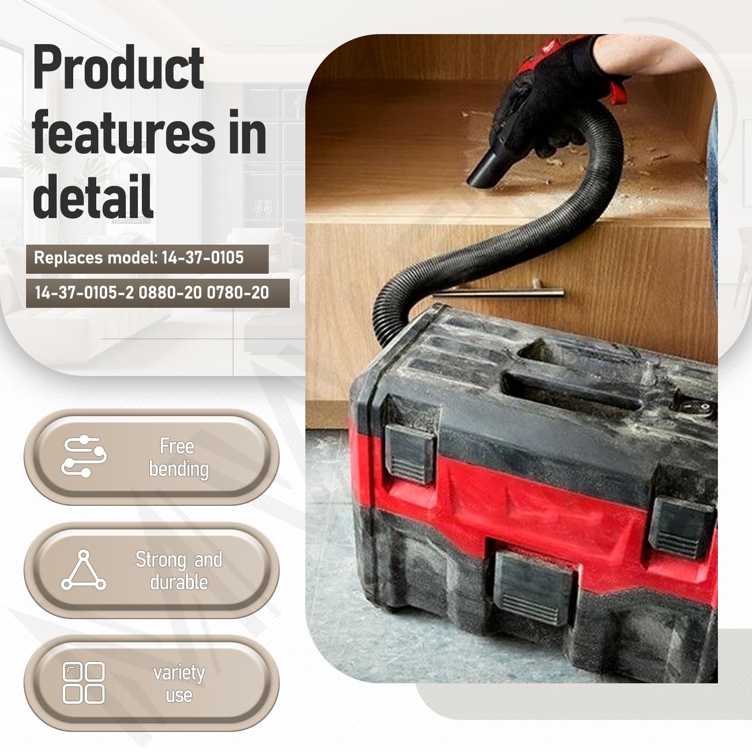 Milwaukee M18 Vacuum Hose Replacement - Compatible with Models 0970-20, 0880-20 & 0780-20 | 18V/28V Wet/Dry Vacuum Hose Assembly with Internal Storage | Perfect for Construction Sites, Workshops & Home Cleaning