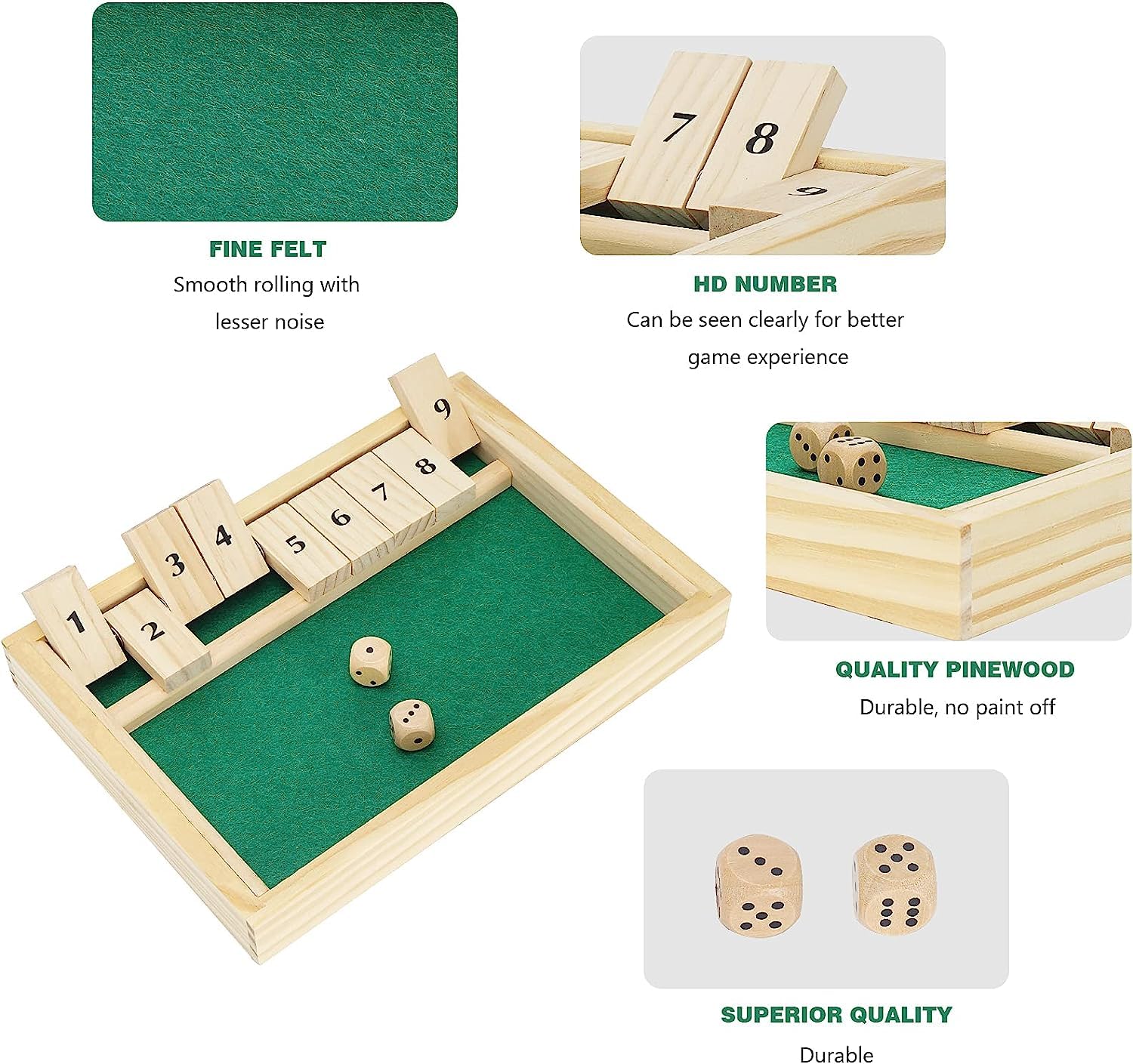 Wooden Shut The Box Dice Game - Classic 2 Player Board Game for Adults & Kids | Fun Math Learning, Travel & Pub Entertainment | Perfect for Family Game Night, Classroom Activities & Parties