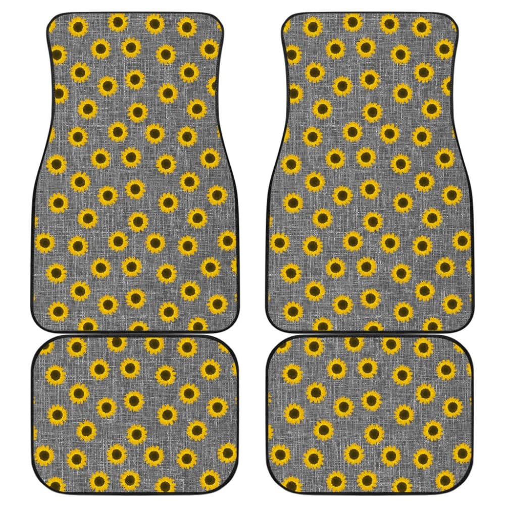 Premium Sunflower Pattern Gray Burlap Car Floor Mats - Non-Slip, Durable & Stylish for SUVs, Sedans & Trucks - Perfect for Road Trips & Daily Commutes