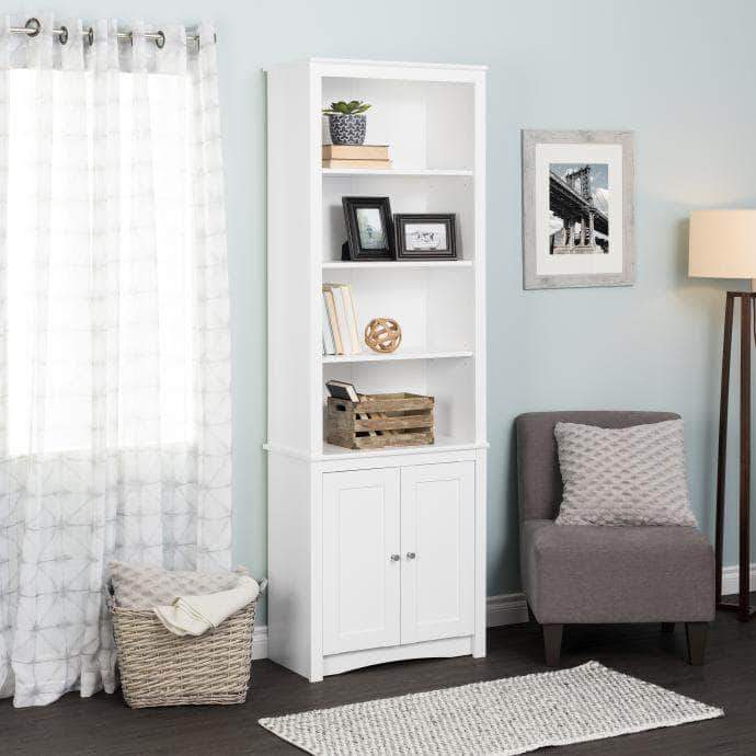 White Tall Bookcase with 2 Shaker Doors - Perfect for Living Room, Bedroom & Home Office Storage