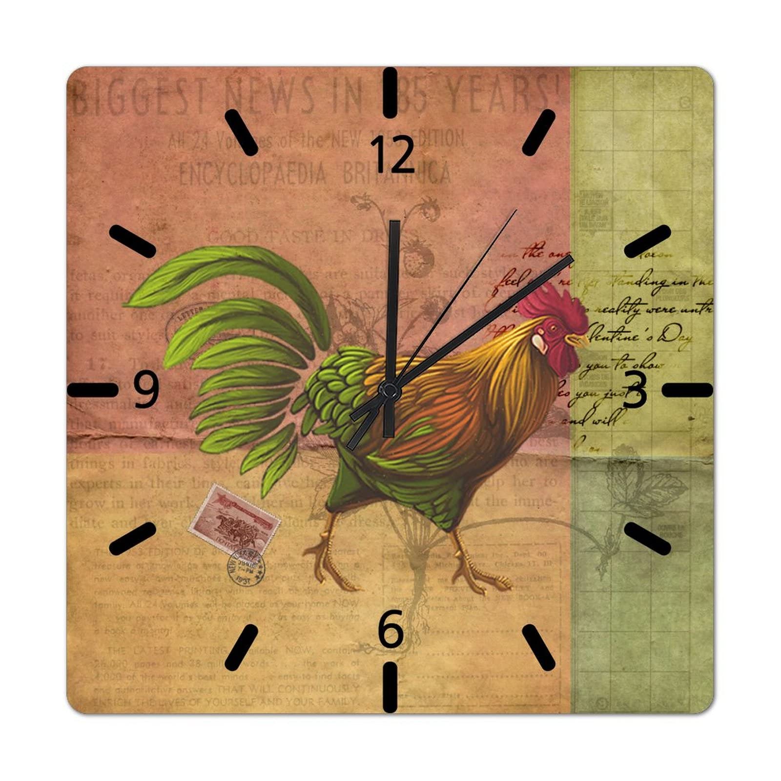 Vintage Rooster Wall Clock - 10 Inch Silent Non-Ticking Wooden Round Clock with Wild Flowers Design, Battery Operated Rustic Farmhouse Decor for Living Room, Kitchen, Fireplace, Homeschool or Country Style Home
