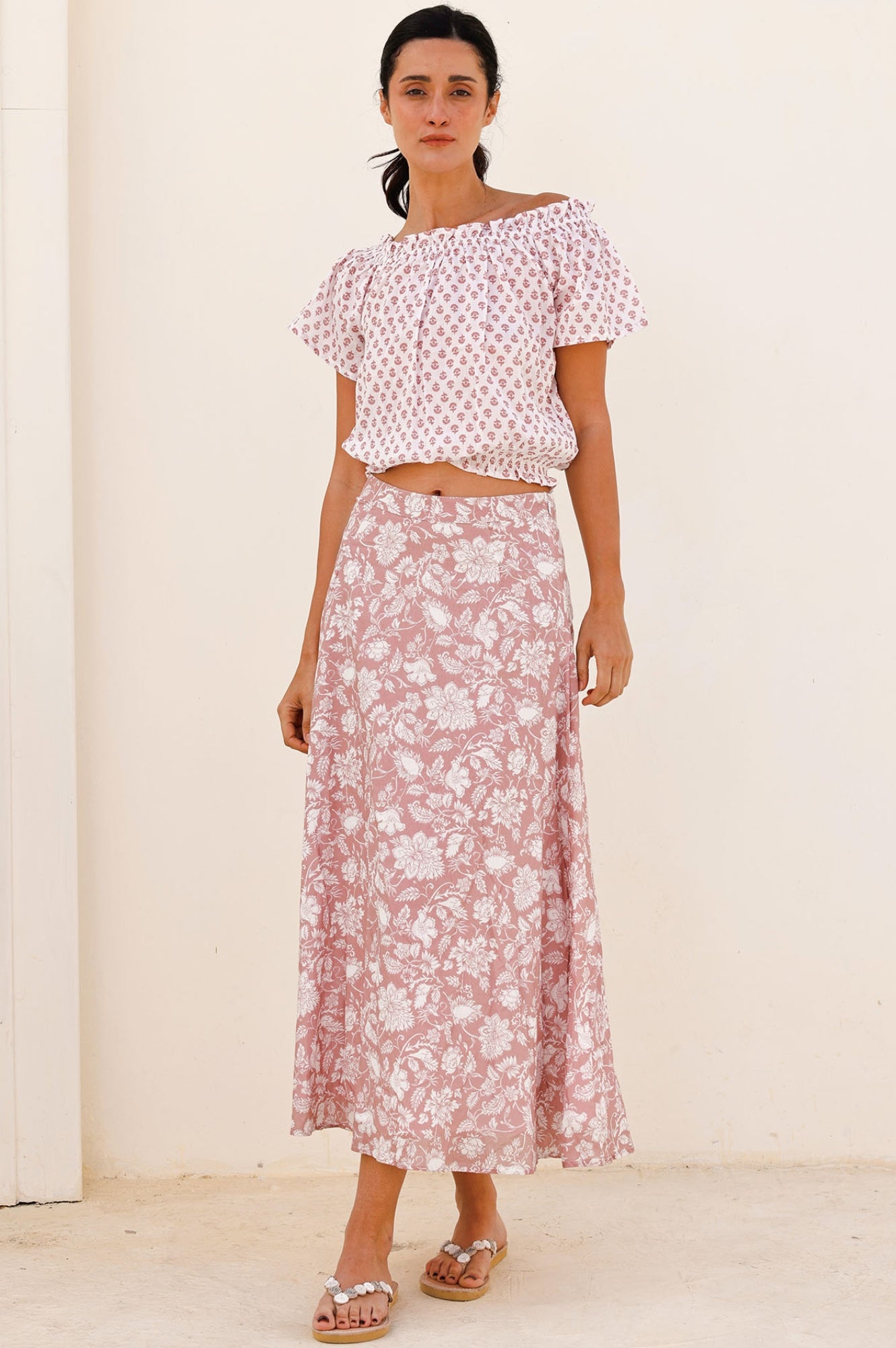Neve Skirt - Blossom Dusty Pink & White Floral Midi Skirt for Women | Perfect for Spring, Summer, Weddings & Date Nights