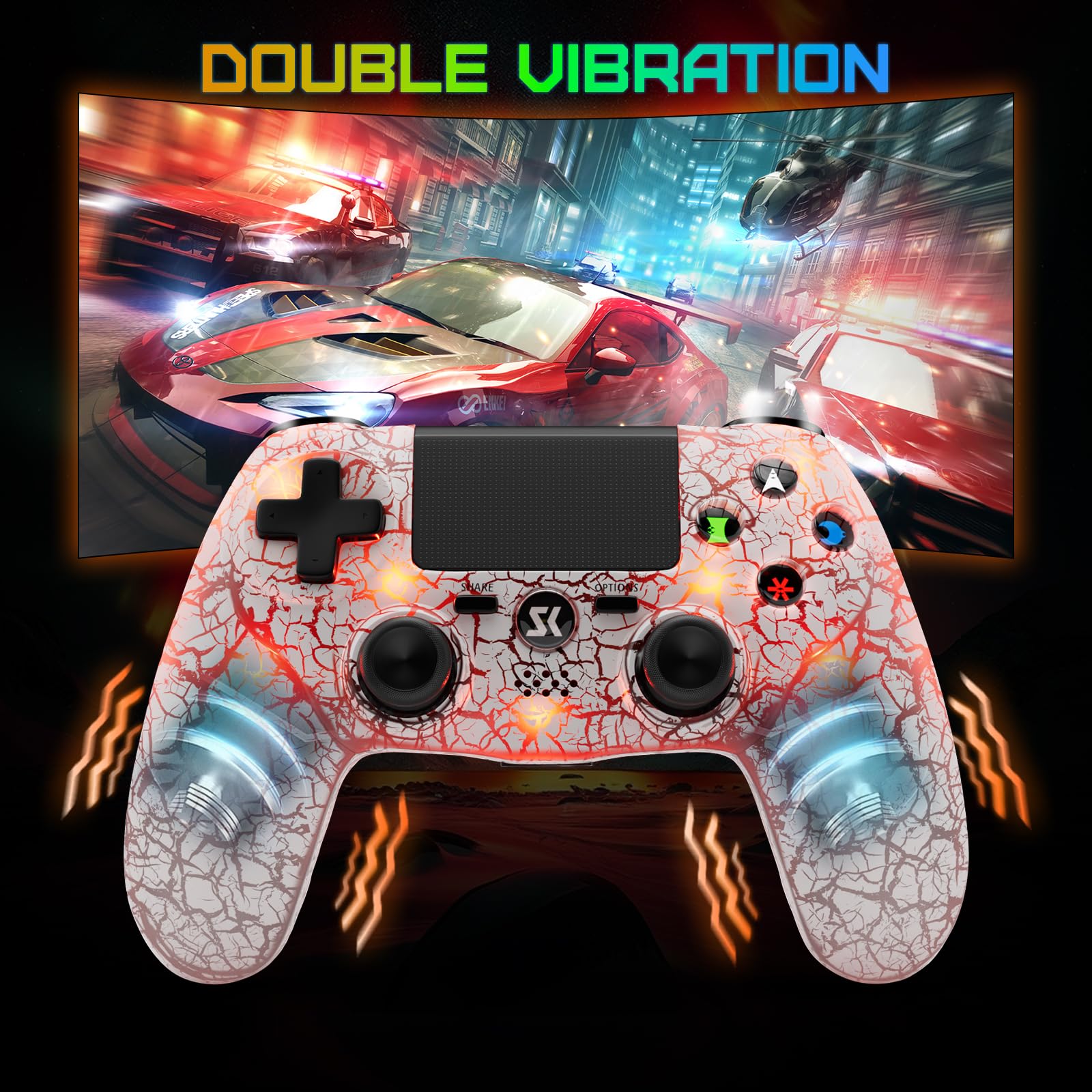 Wireless PS4 Controller for PlayStation 4/Pro/Slim - Adjustable RGB Lighting, 1000mAh Battery, 6-Axis Motion Sensor, Dual Shock Vibration & 3.5mm Audio Jack (White) - Perfect for Gaming, Streaming & Long Play Sessions